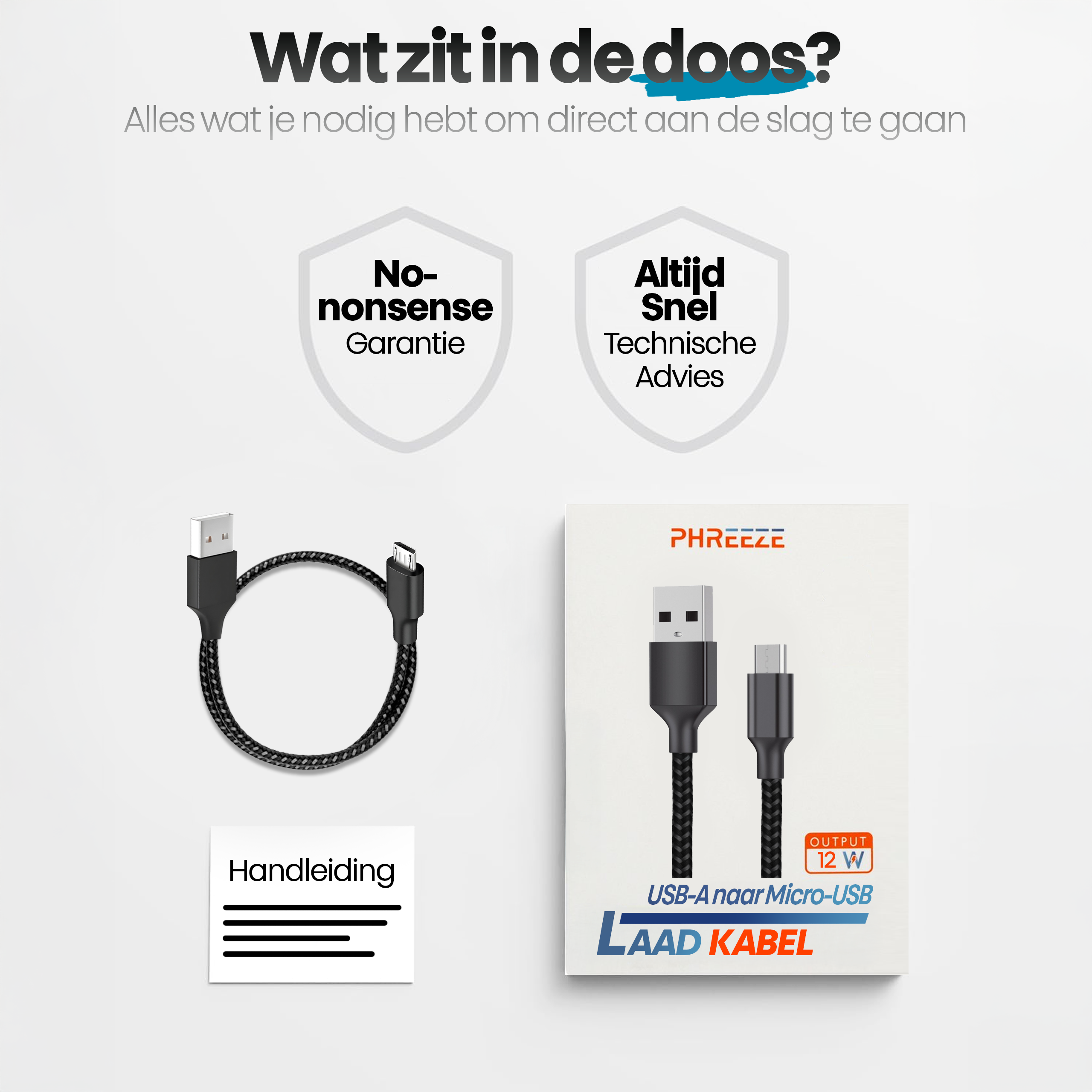 Image shows a USB cable, a box, and text in Dutch. The box has a cable image and text.