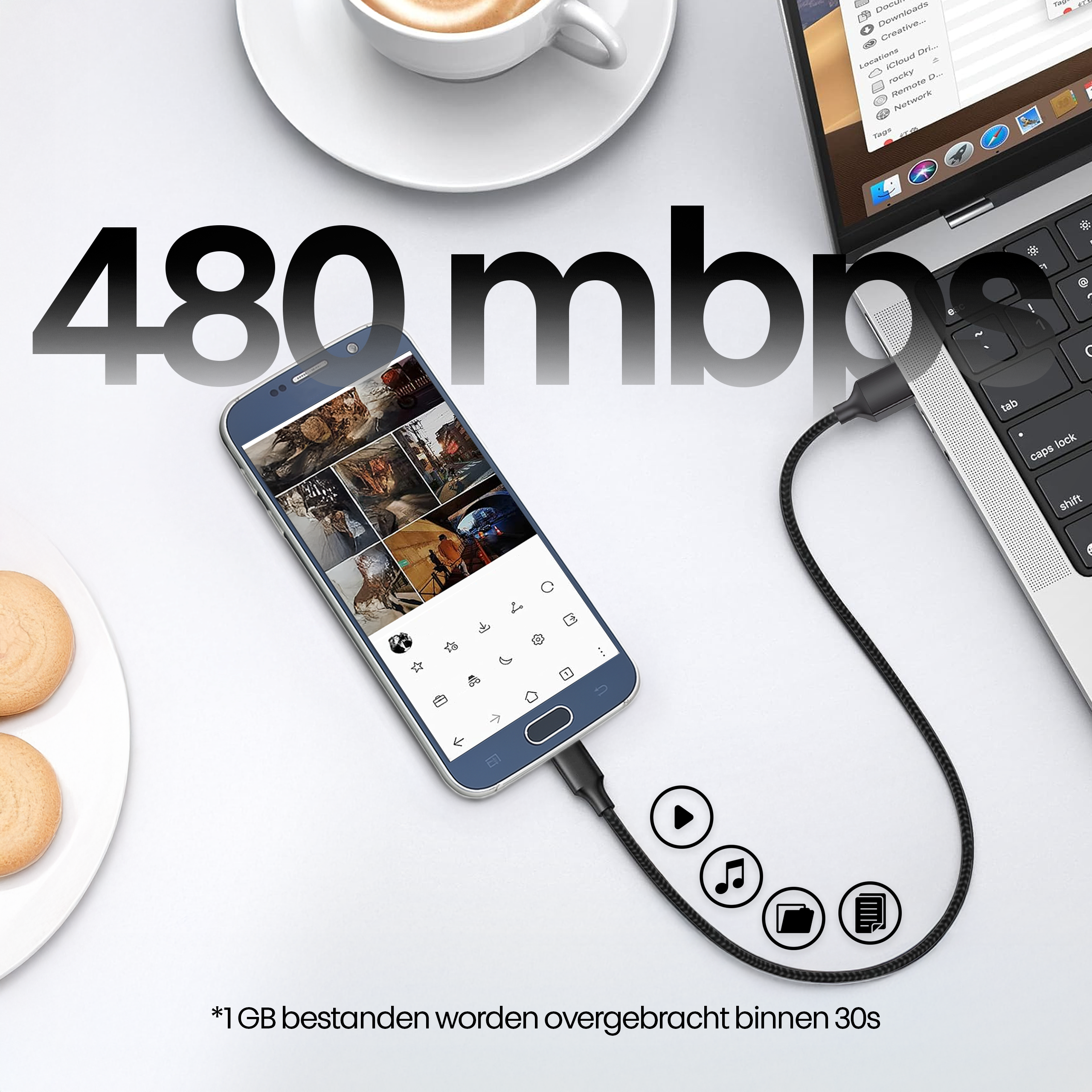 A phone connected to a laptop via a cable. The phone screen shows images. Text reads '480 mbps'.