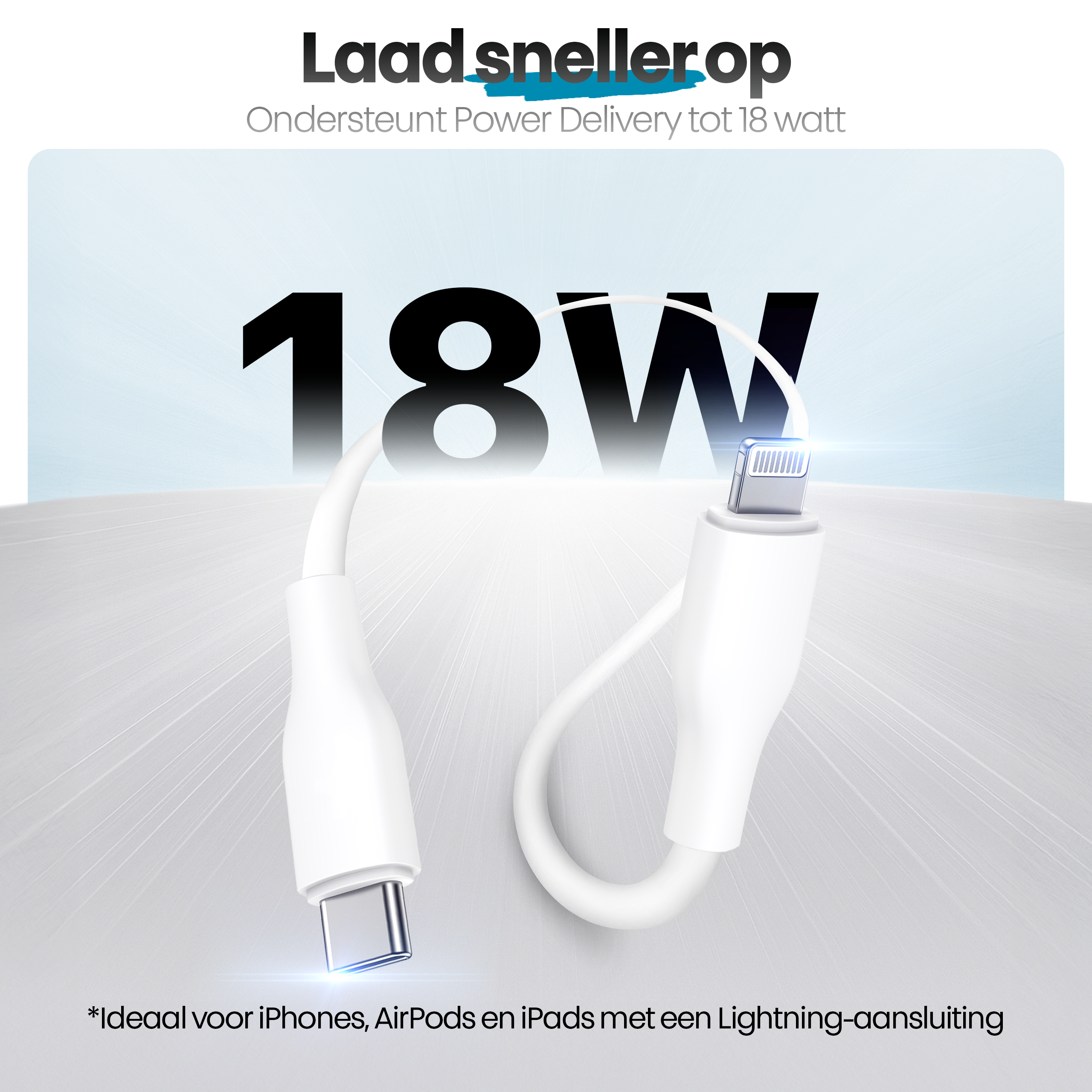 Afbeelding toont een witte oplaadkabel met USB-C- en Lightning-connectoren, met tekst '18W' en productinfo.