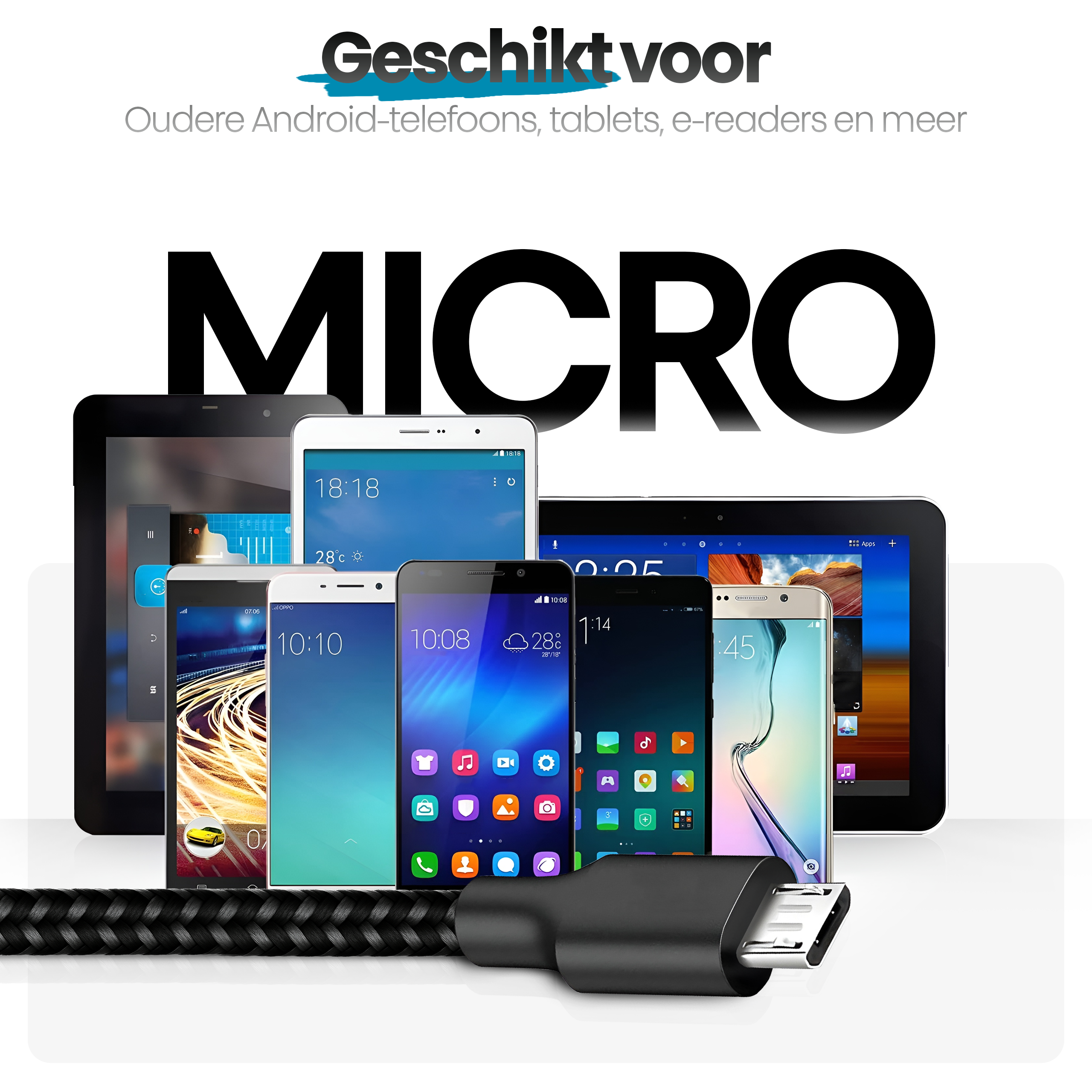 Afbeelding toont meerdere smartphones en tablets met een micro USB-kabel ervoor.