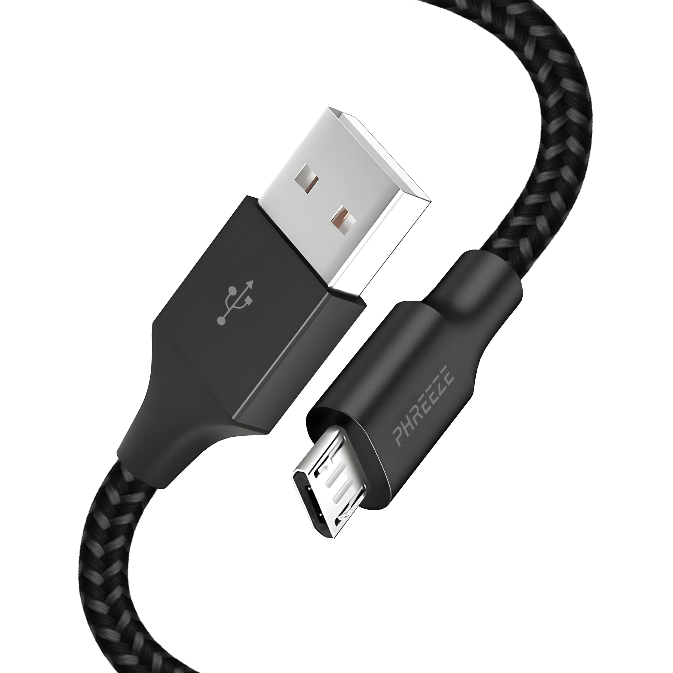 Black USB cable with braided texture. One end is USB-A, the other is micro-USB. The brand name PHREEZE is visible.