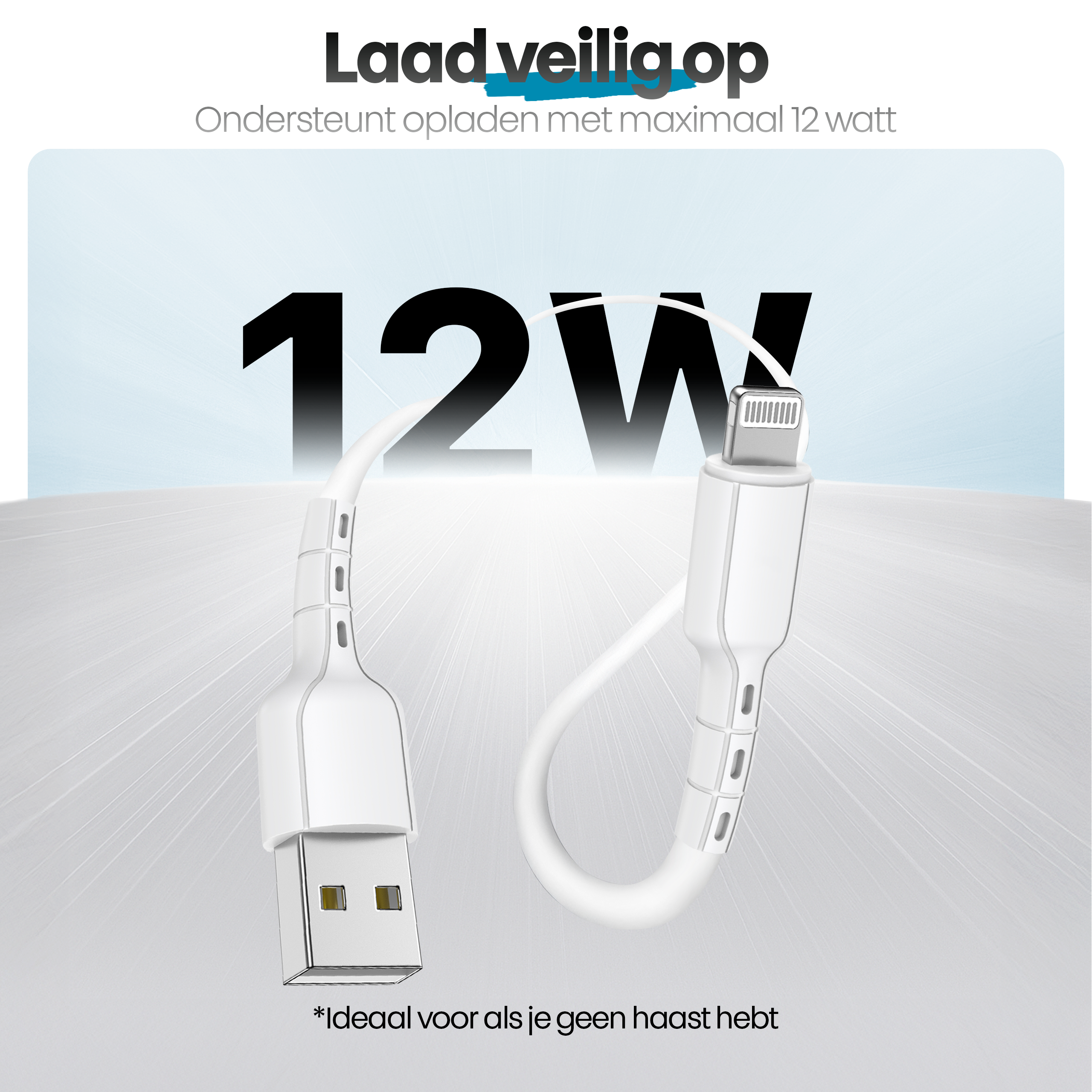 Image shows a white charging cable with a USB and lightning connector. Text says 'Charge safely up to 12W'.