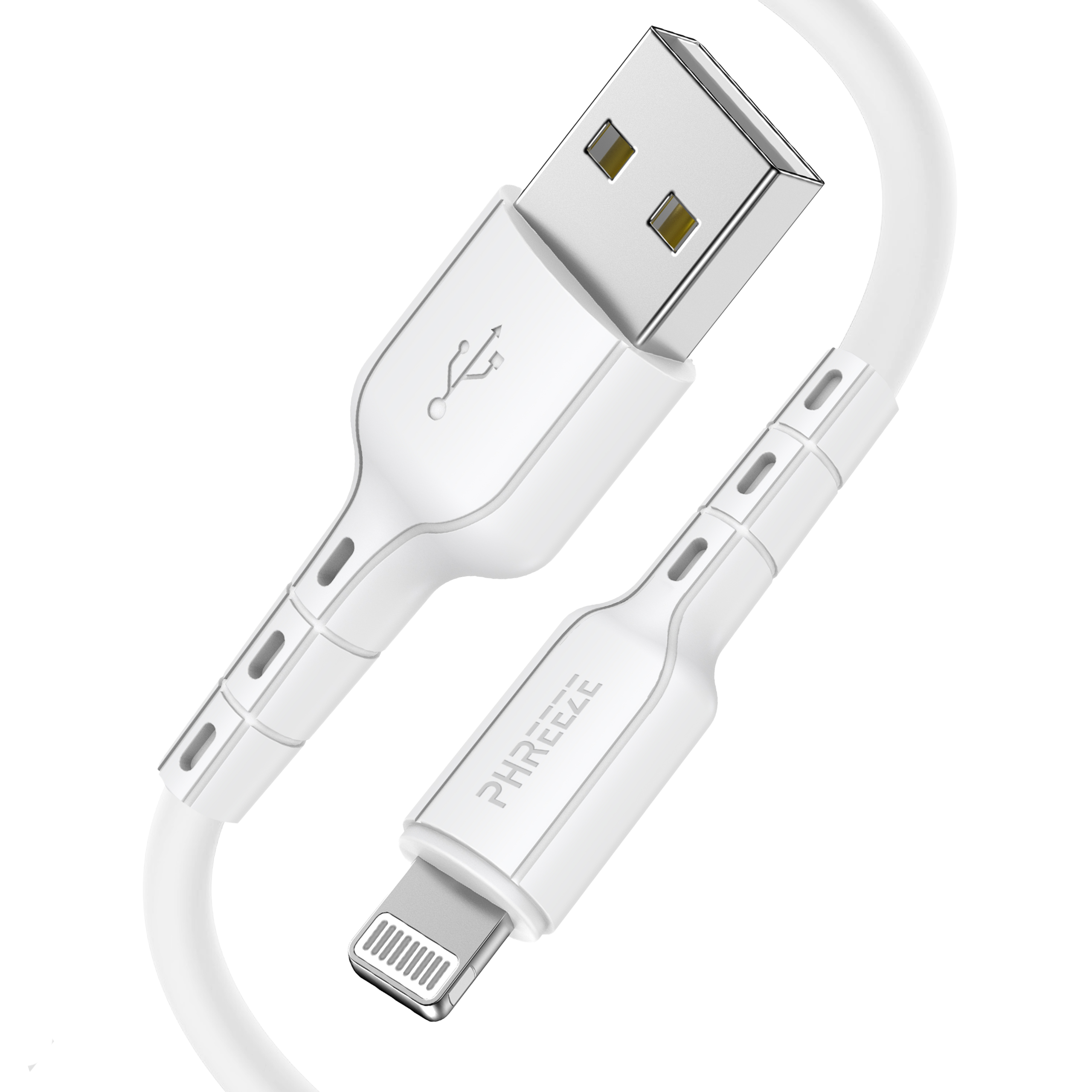 A white USB charging cable with USB and lightning connectors. The brand name is PHREEEZ.