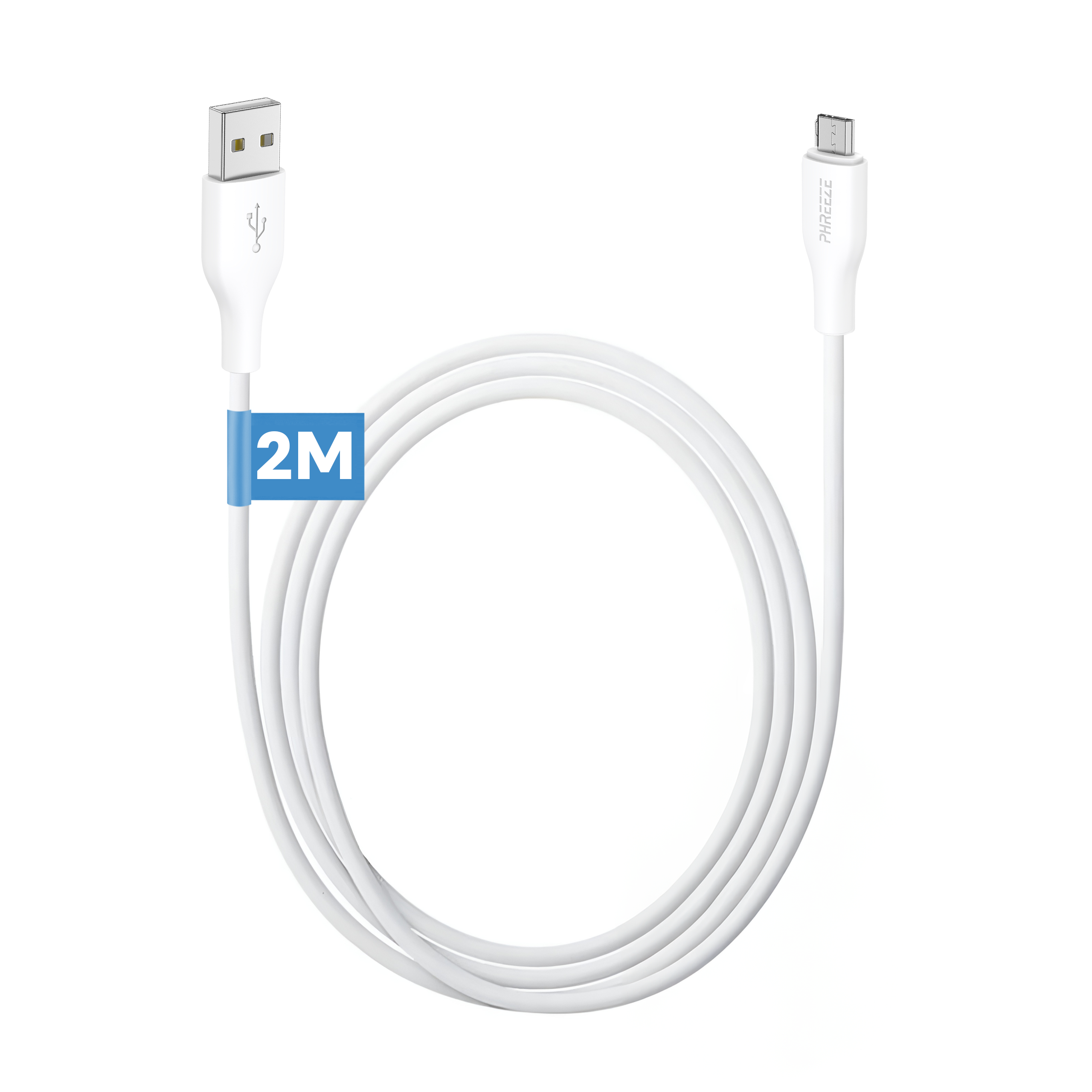 A white USB cable with a 2M label. One end is a USB connector, the other is a micro-USB connector.