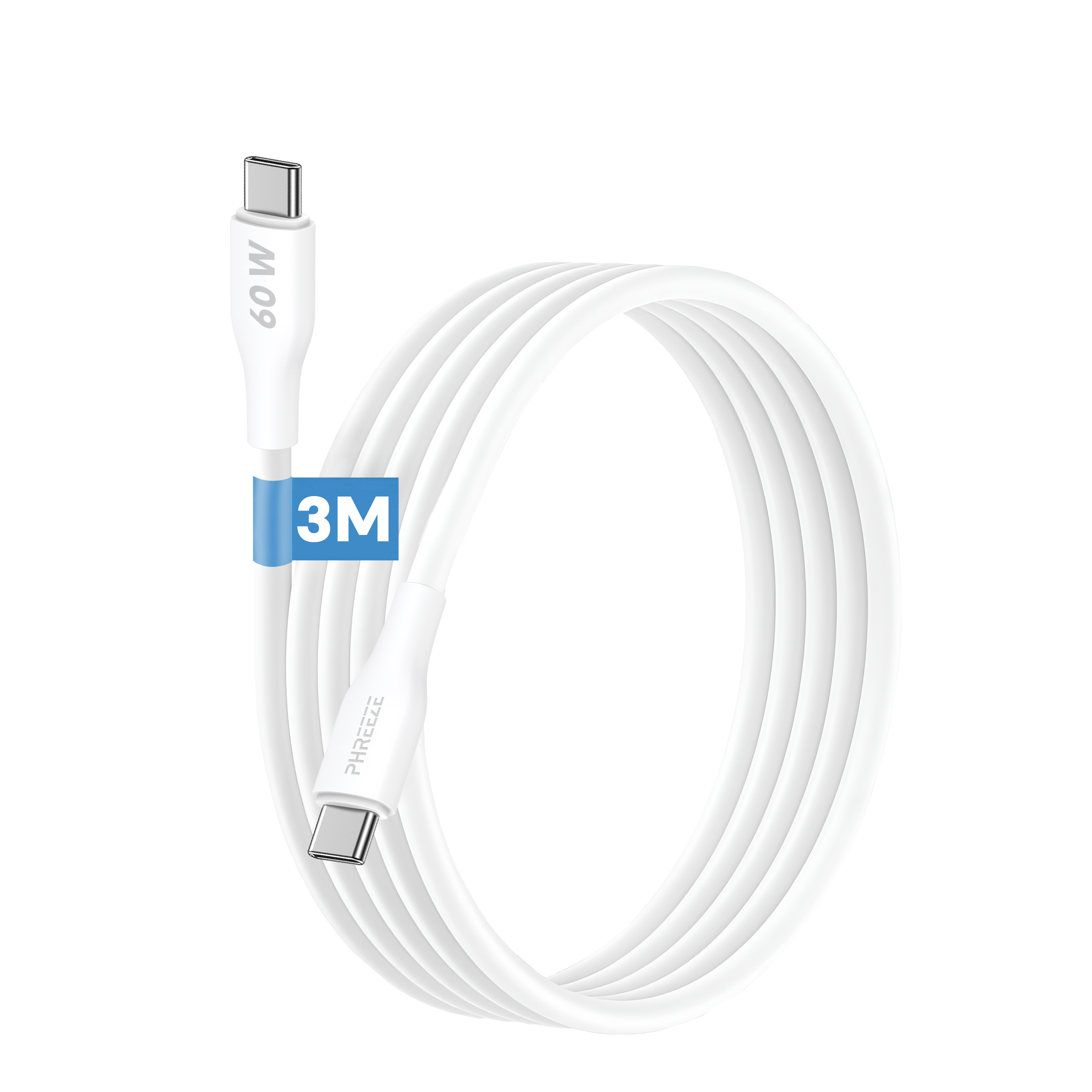Witte USB-C-kabel, opgerold, met blauw 3M-label. Connectoren aan beide uiteinden. Tekst: 60W en PHREEZE.