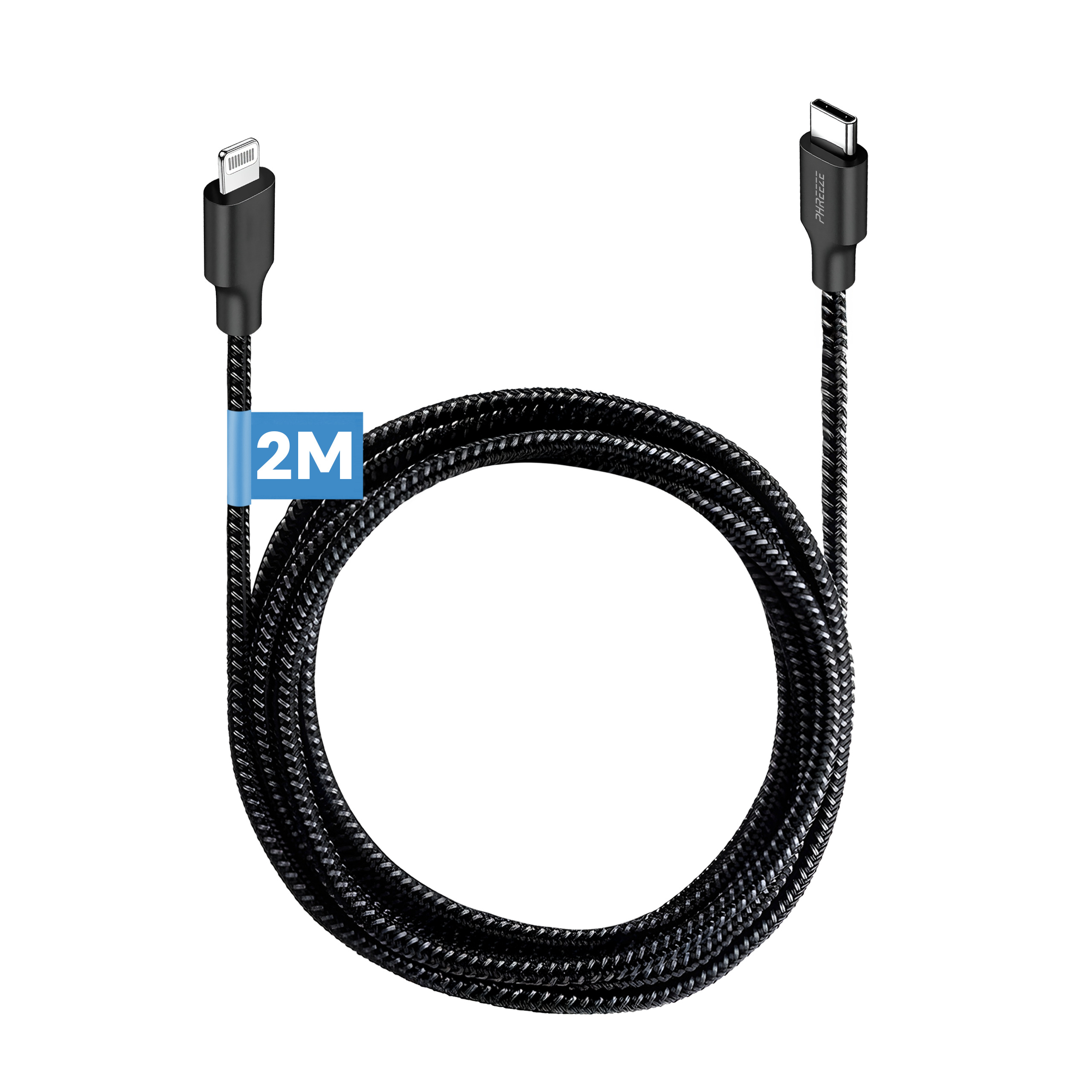 Zwarte gevlochten oplaadkabel met Lightning- en USB-C-connectoren, gelabeld '2M'.