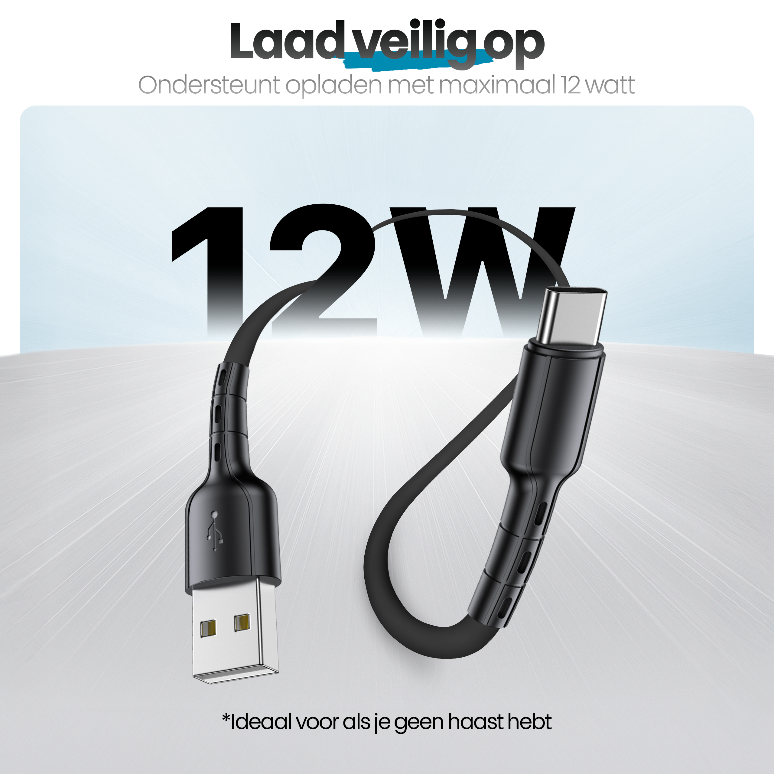 Een zwarte USB-C oplaadkabel met een USB-A uiteinde. Tekst zegt 'Laad veilig op' en '12W'.