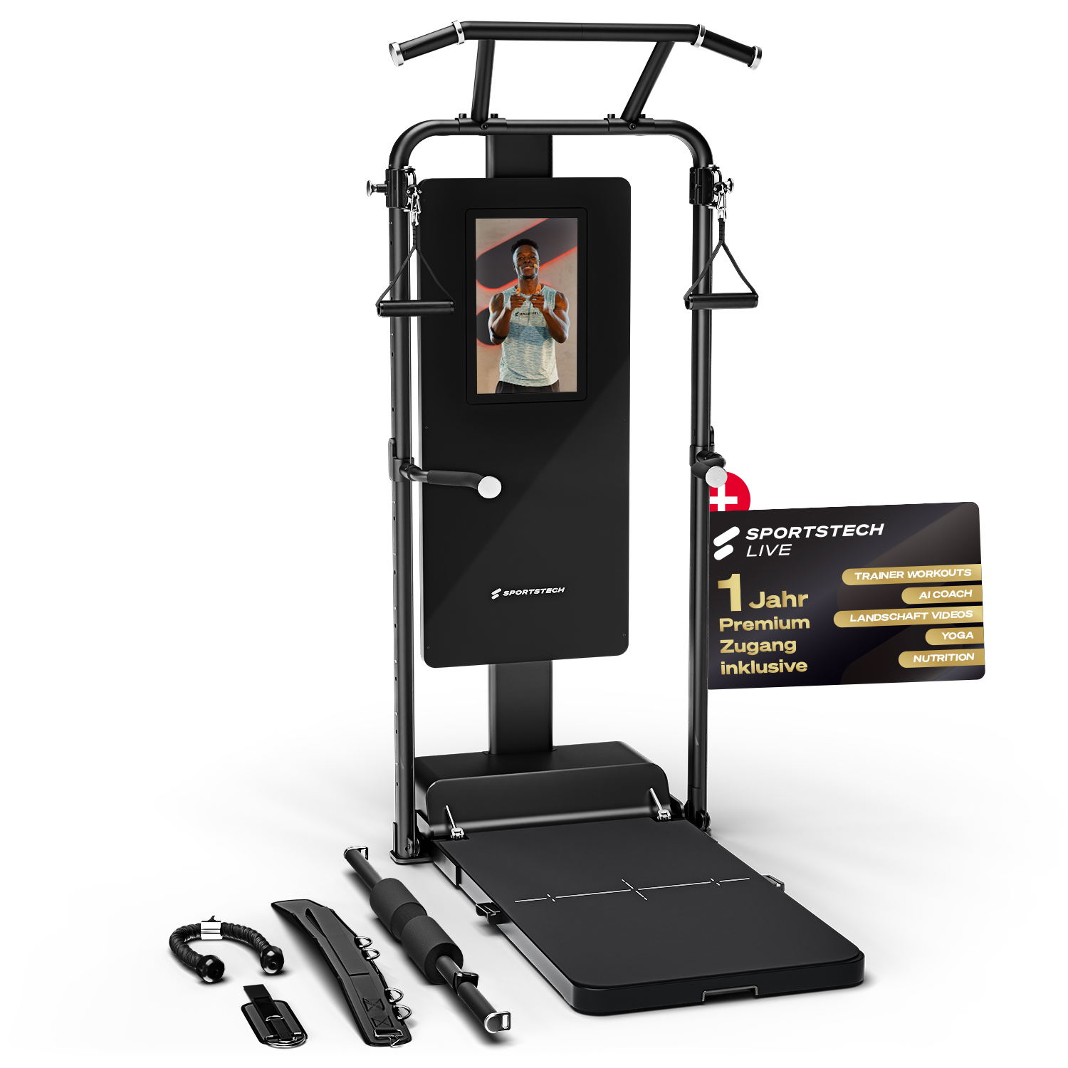 Schwarzes Fitnessgerät mit Bildschirm, der einen Mann zeigt. Zubehör davor. Ein Schild zeigt 'SPORTSTECH LIVE'.