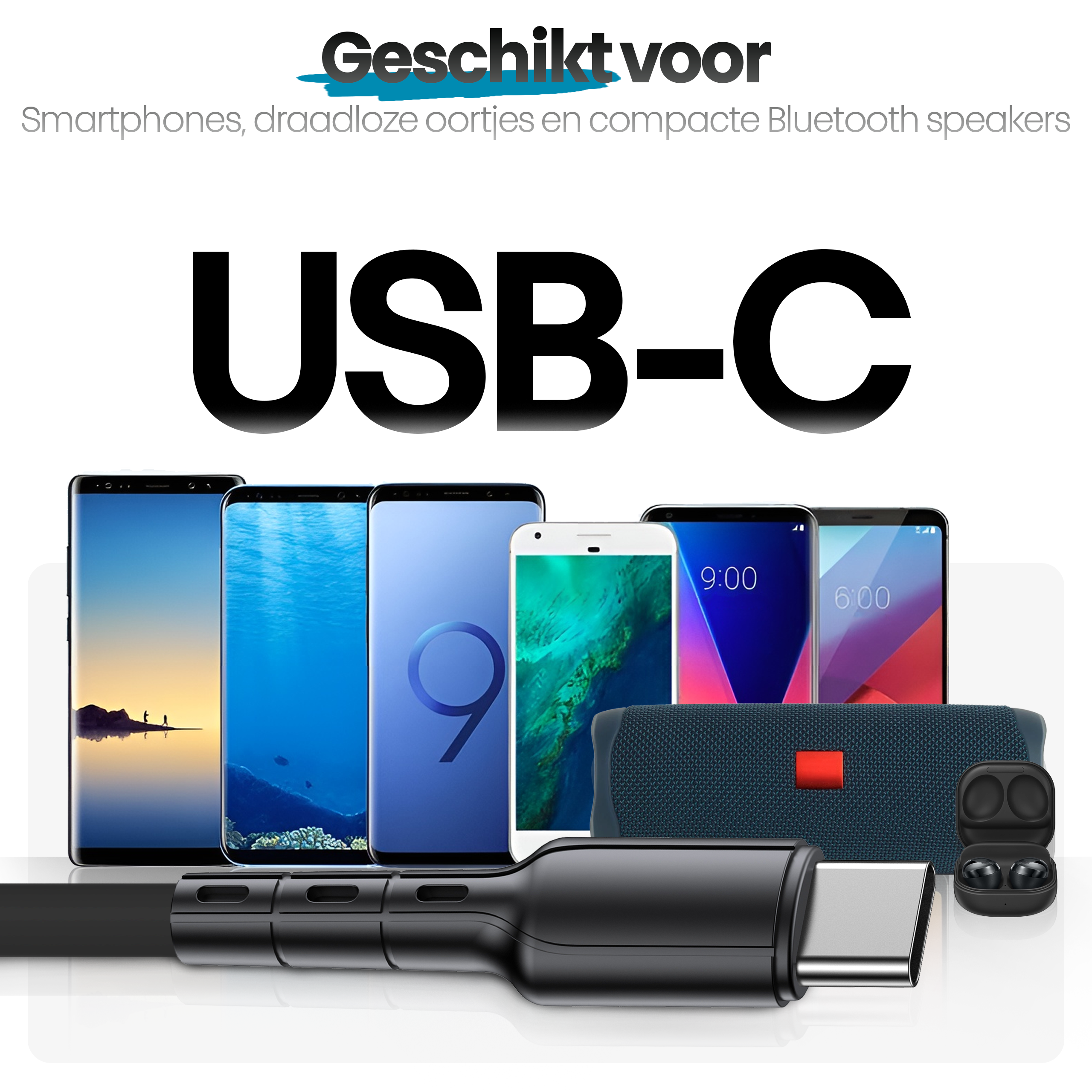 Afbeelding toont USB-C-poort met smartphones, luidspreker en oortelefoons, tekst zegt dat het geschikt is voor die items.