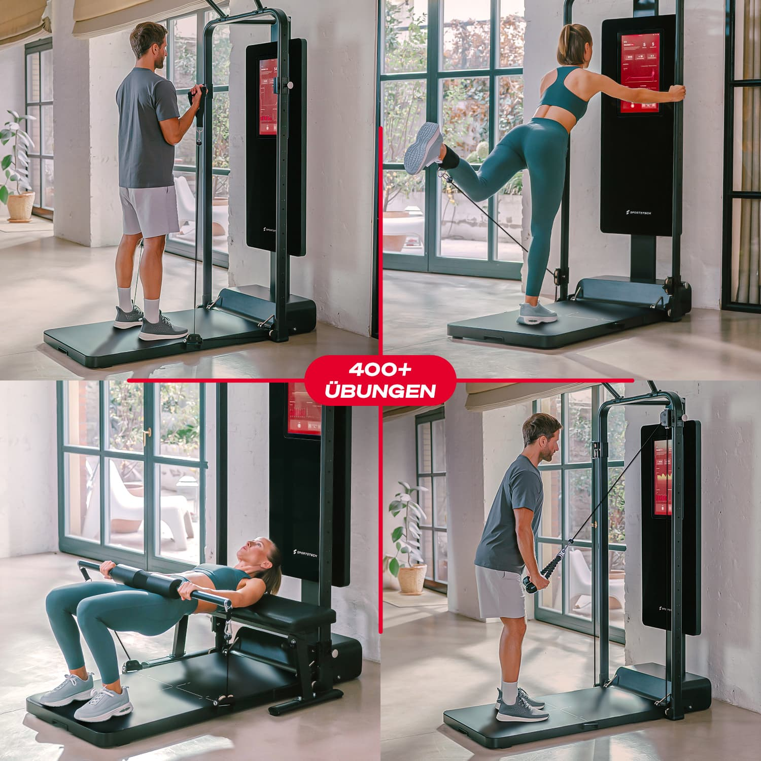 Vier Personen trainieren mit einer schwarzen Fitnessmaschine. Sie machen verschiedene Übungen. Die Maschine hat einen Bildschirm.