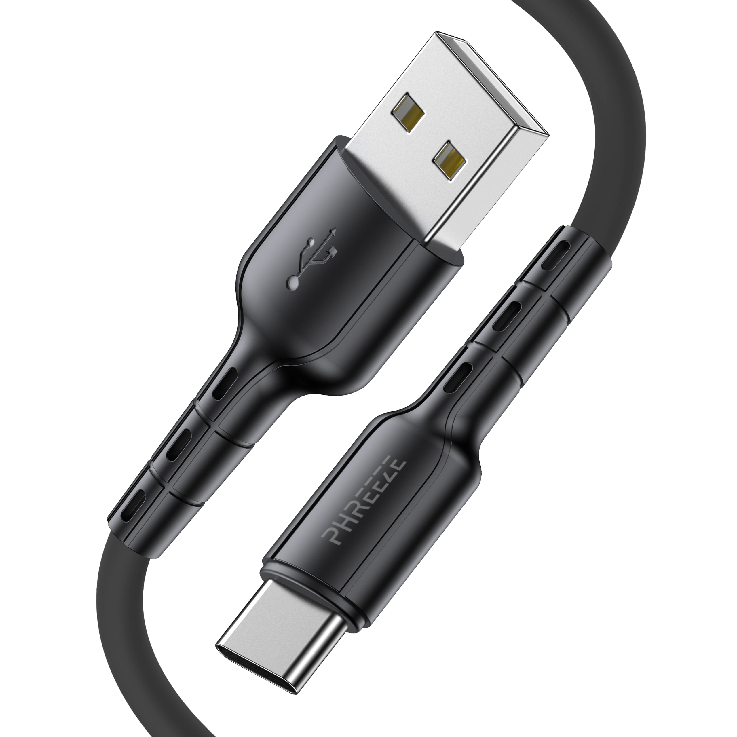 Een zwarte USB-C naar USB-A kabel wordt weergegeven. Het heeft een USB-A connector, een kabel en een USB-C connector.