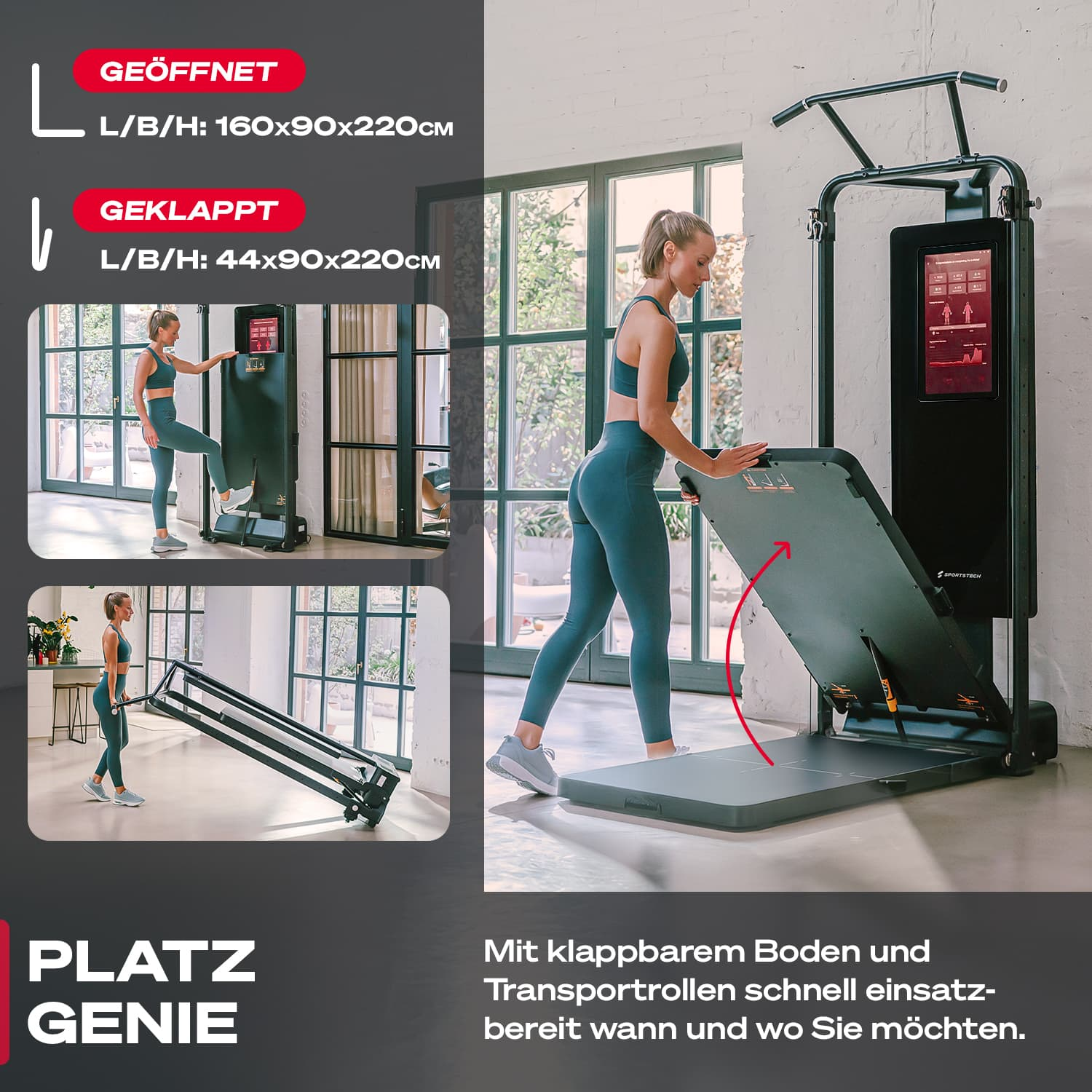 Frau in tealfarbener Sportkleidung klappt ein Trainingsgerät zusammen. Abmessungen sind angegeben. Text: Platz Genie, Mit klappbarem Boden.