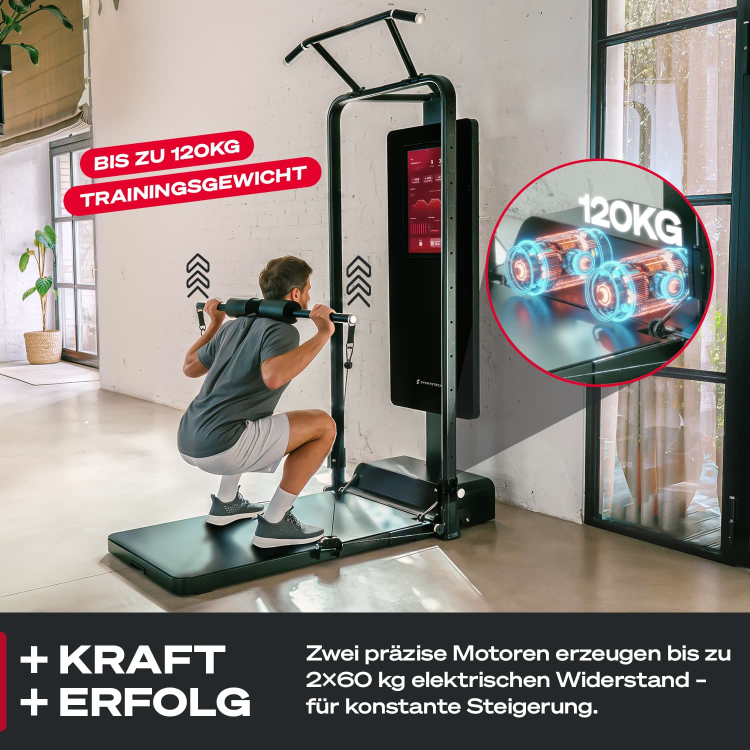 Mann hockt mit einer Hantelstange auf einer schwarzen Trainingsmaschine. Die Maschine hat einen digitalen Bildschirm und zeigt 120 kg an.