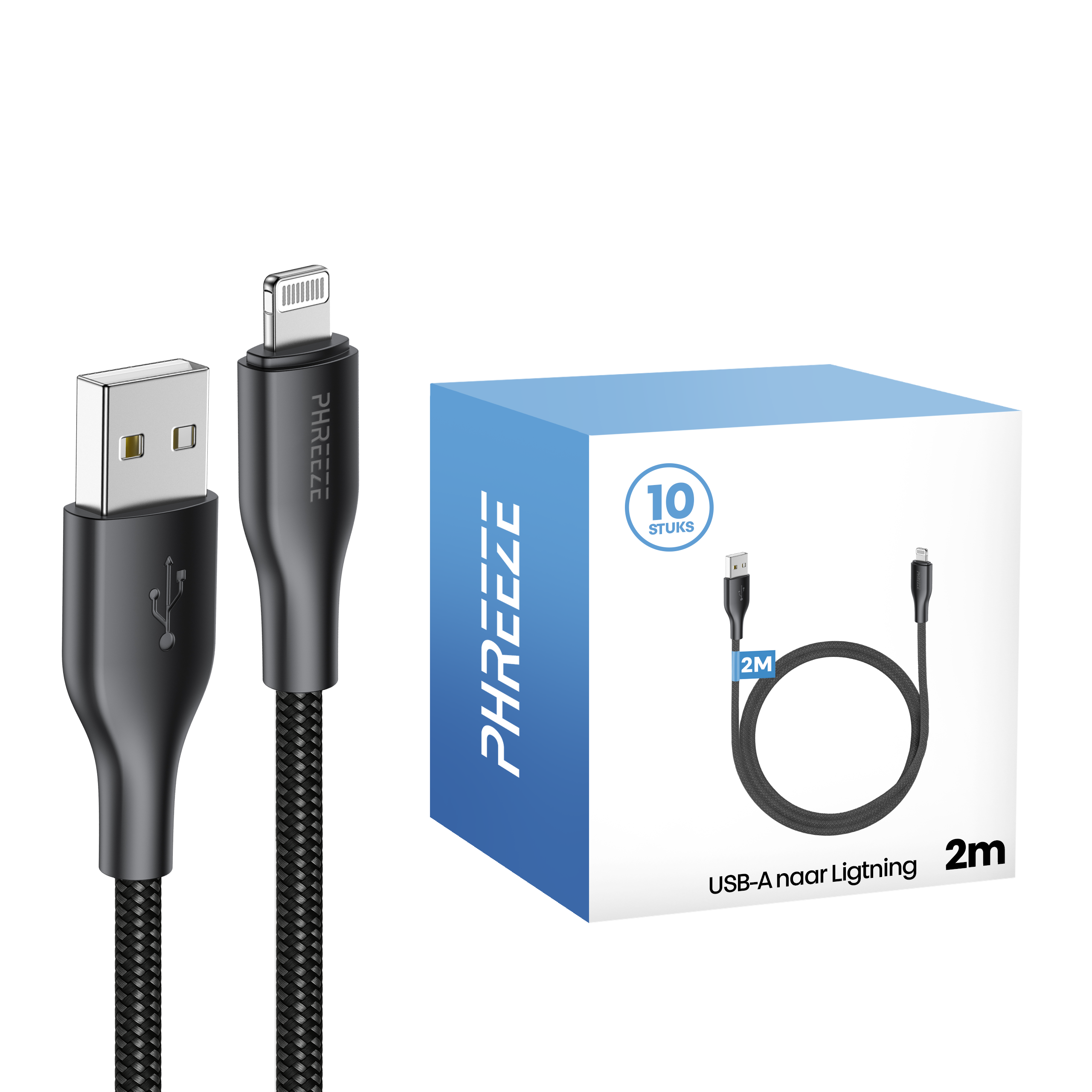 Image shows a black USB-A to Lightning cable. A blue box on the right shows the cable's image.