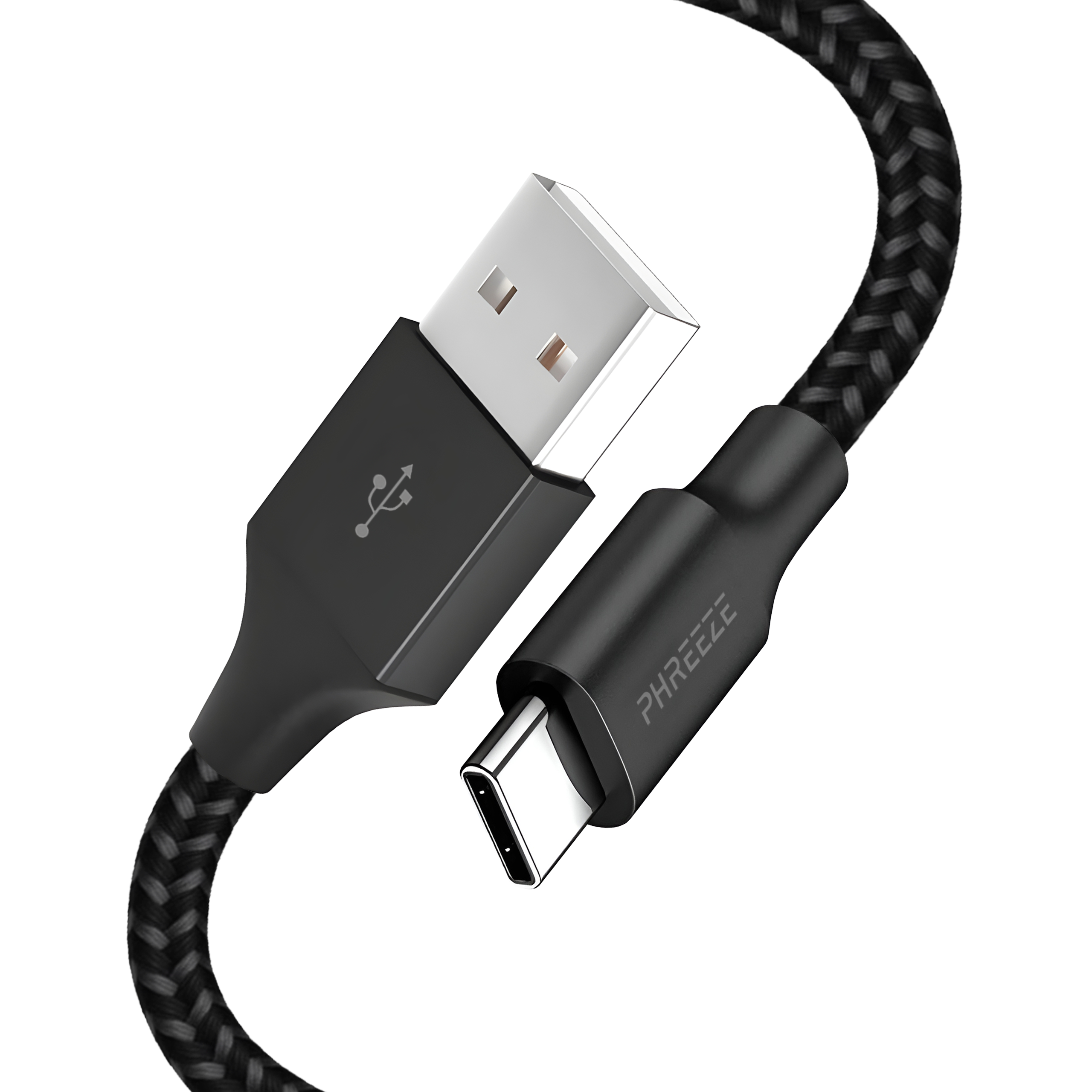 Een zwarte USB-C-kabel met een gevlochten ontwerp. Eén uiteinde is een USB-A-connector, de andere een USB-C. Witte achtergrond.