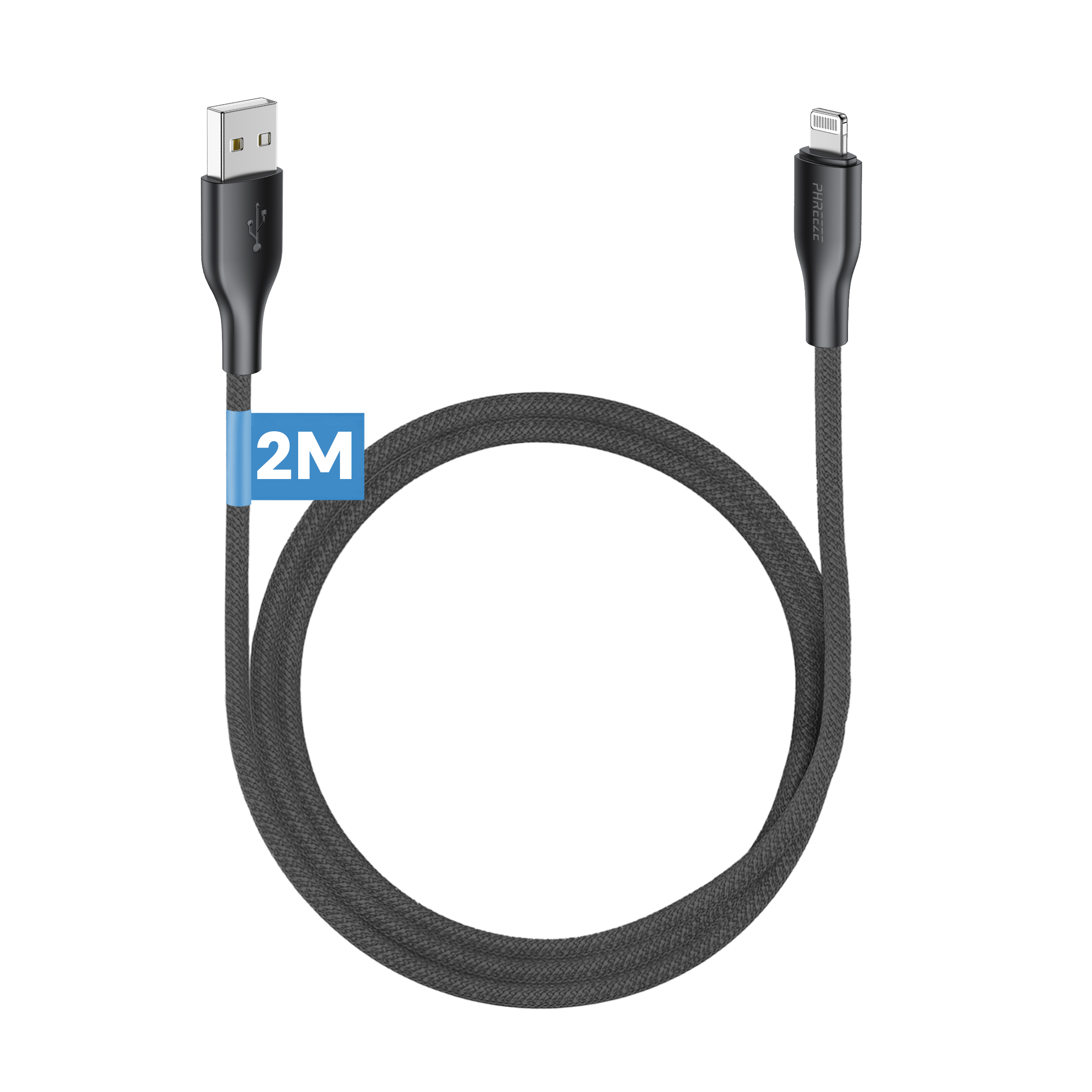 A dark gray USB to Lightning cable, with 2M label. The cable is looped against a white background.
