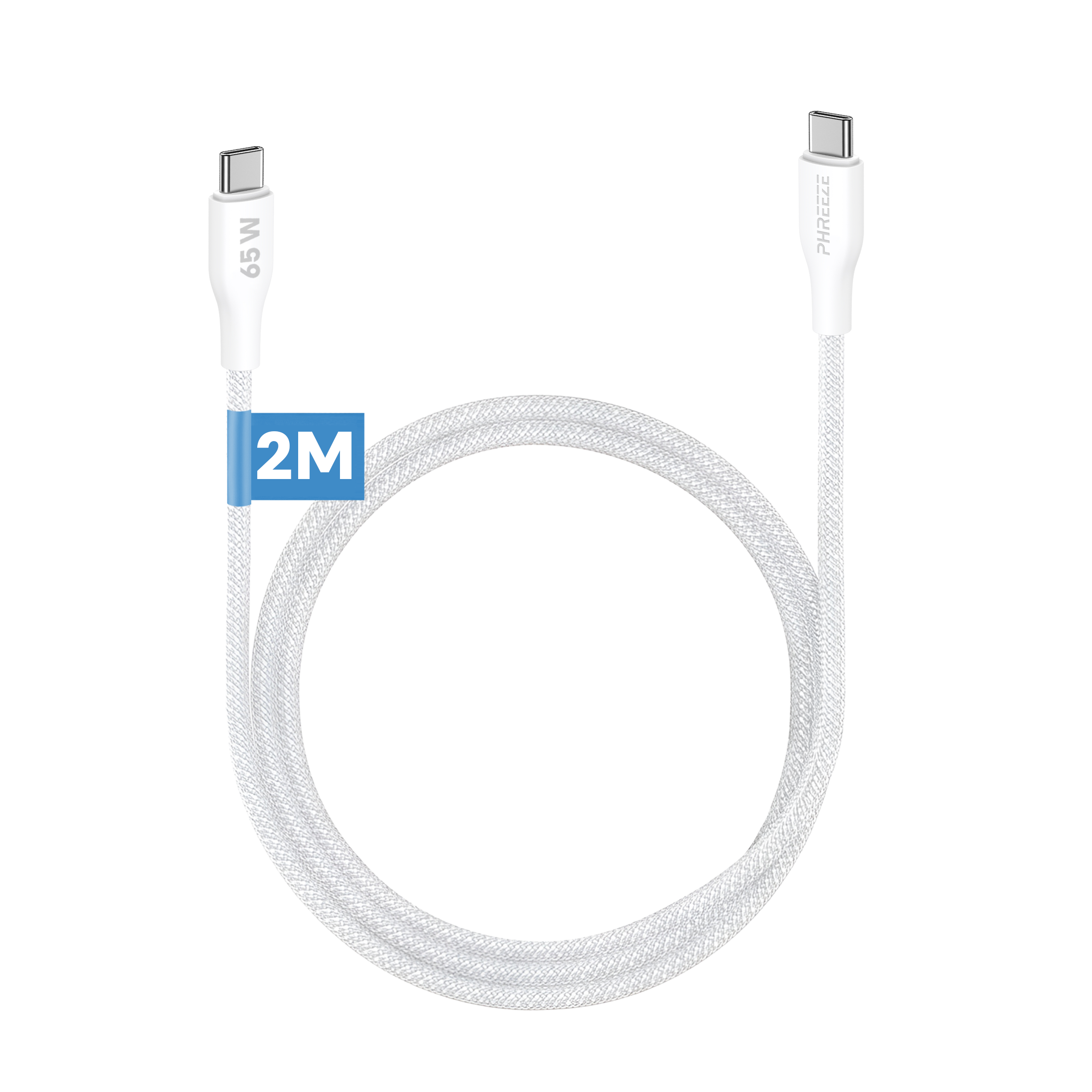 Witte USB-C-kabel met gevlochten ontwerp. Connectoren aan beide uiteinden, 65W en Phreeze-merk. 2M-label in blauw.