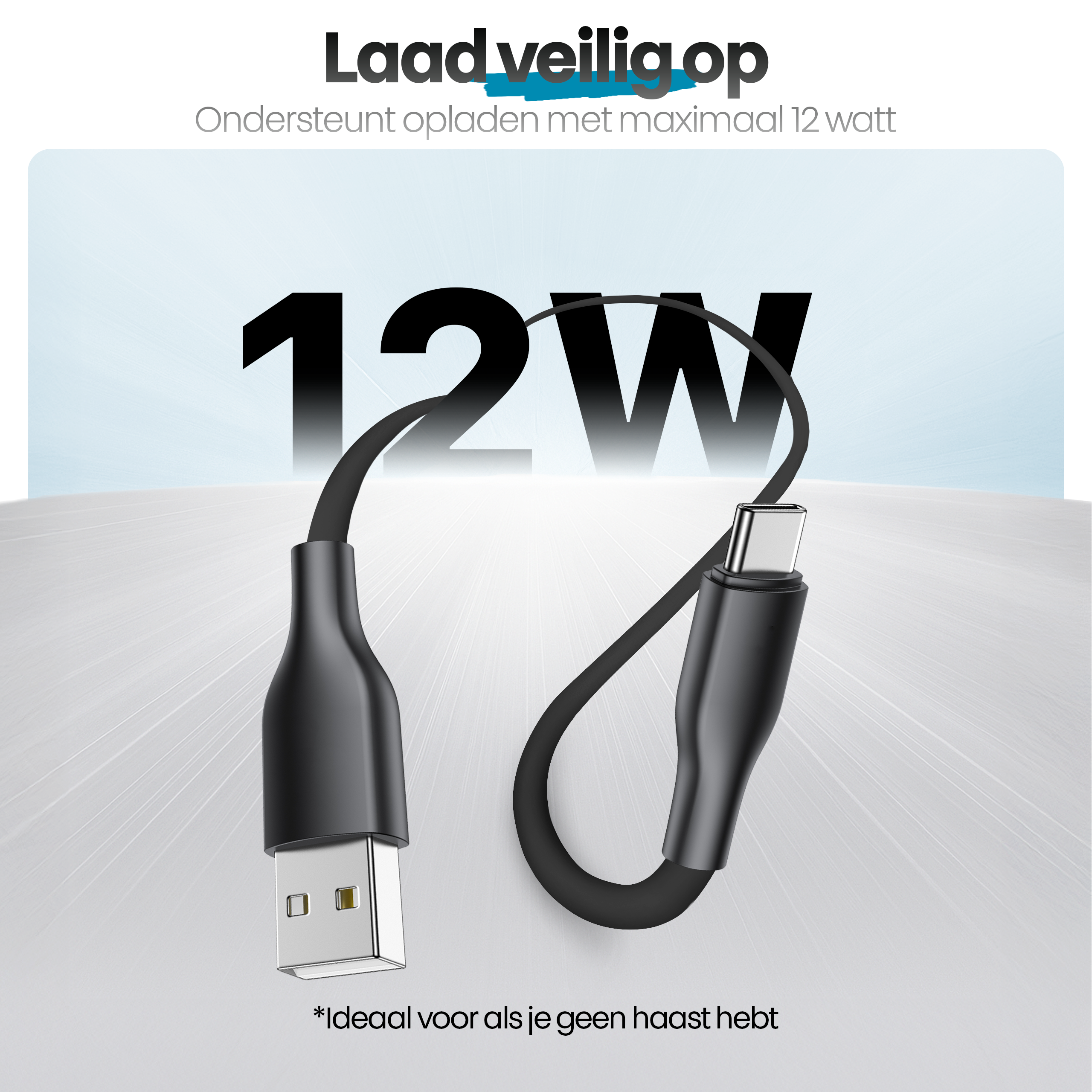 Een zwarte oplaadkabel met USB- en USB-C-uiteinden. De tekst luidt '12W' met de woorden 'Laad veilig op' erboven.