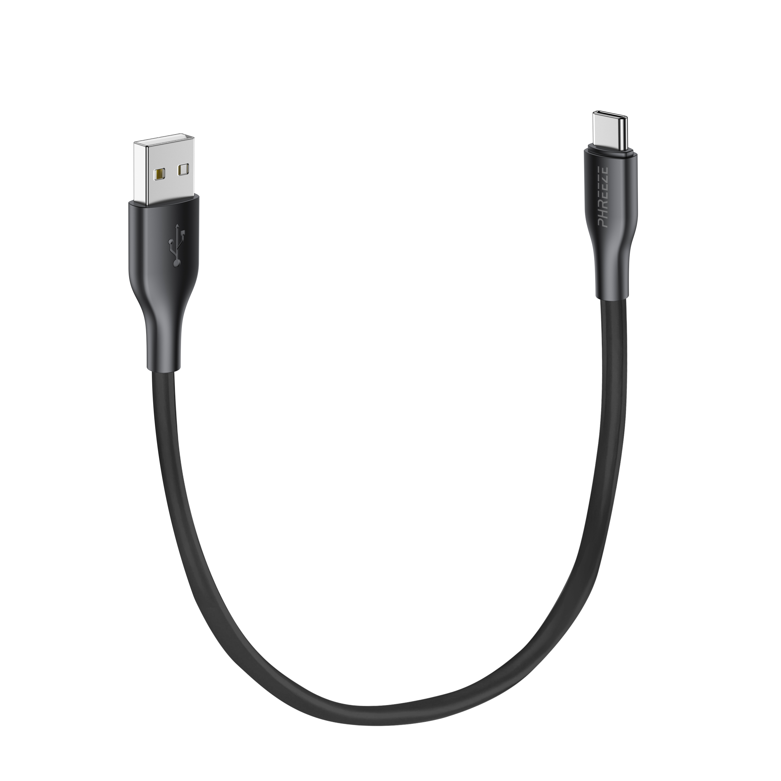 Een zwarte USB-C naar USB-A kabel wordt getoond tegen een witte achtergrond. De kabel is gebogen.