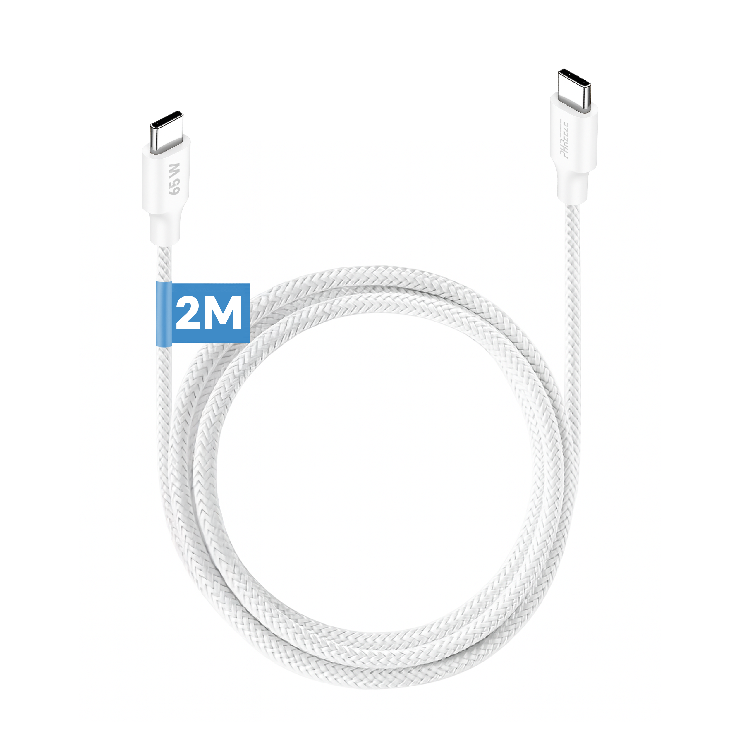 Een witte USB-C oplaadkabel, opgerold, tegen een witte achtergrond. Het heeft connectoren aan beide uiteinden. Een blauw 2M-label staat op de kabel.