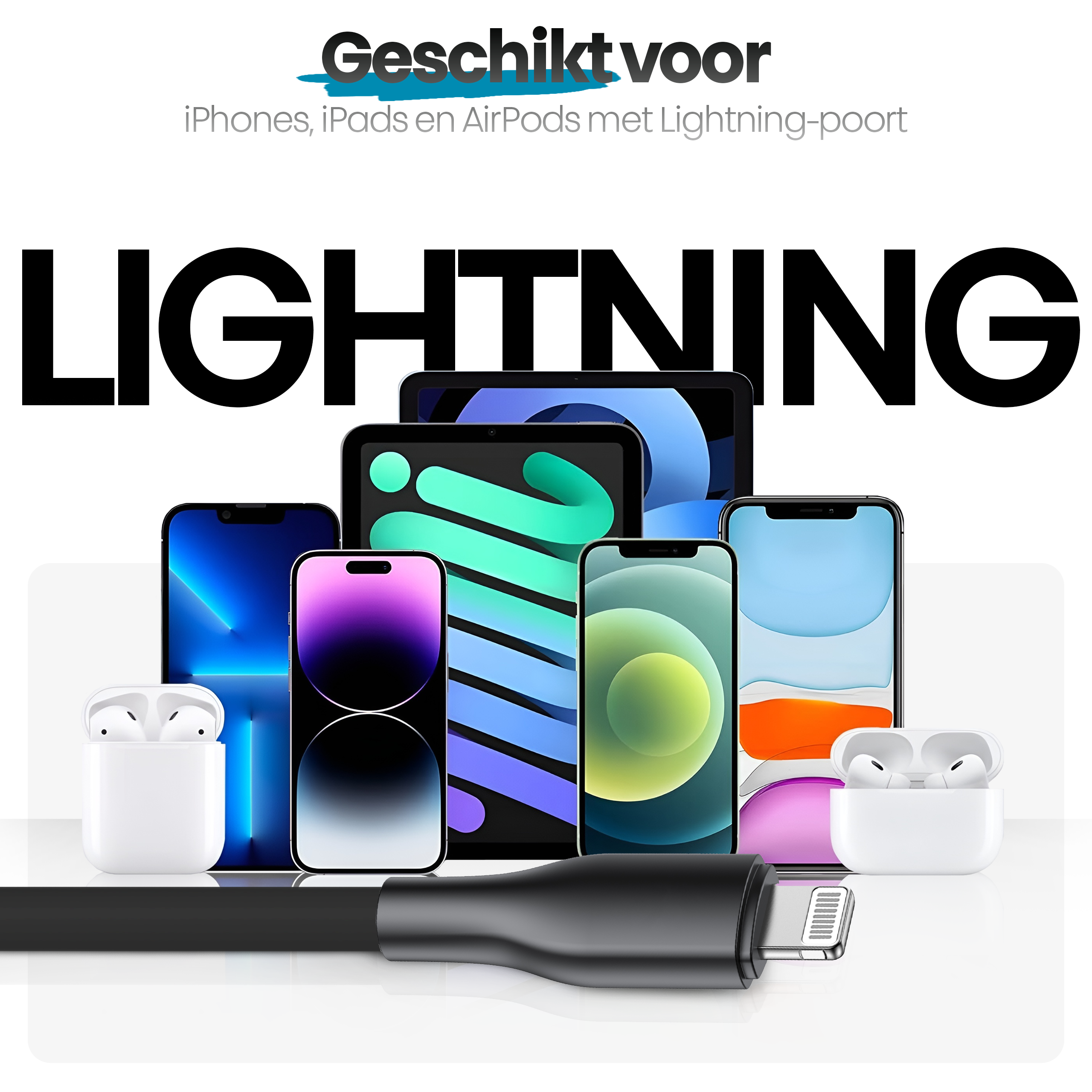 Image features phones, tablets, and AirPods with a lightning port, with the word LIGHTNING in large letters.