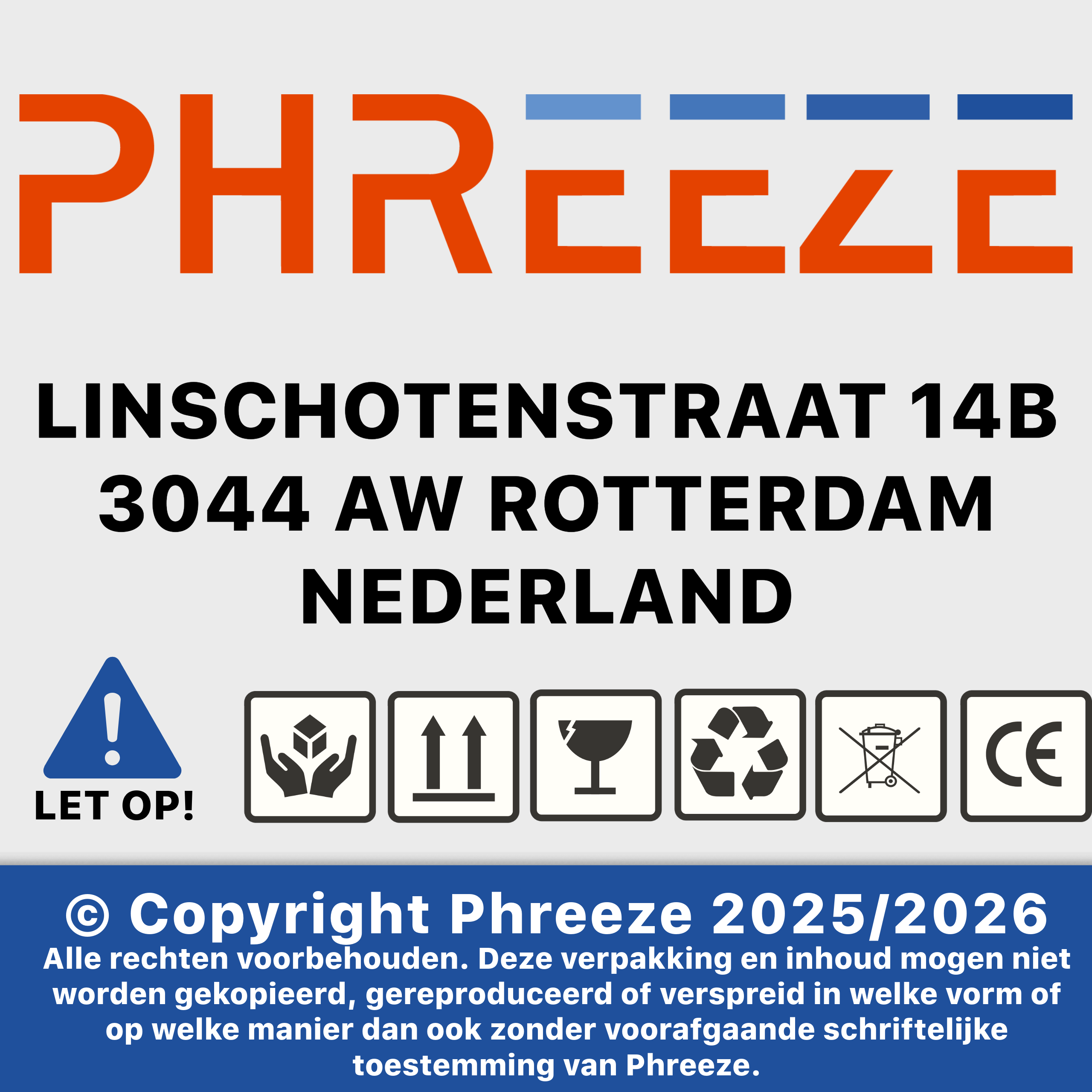 De afbeelding is een label met tekst. Het bevat de bedrijfsnaam, het adres en verschillende symbolen.