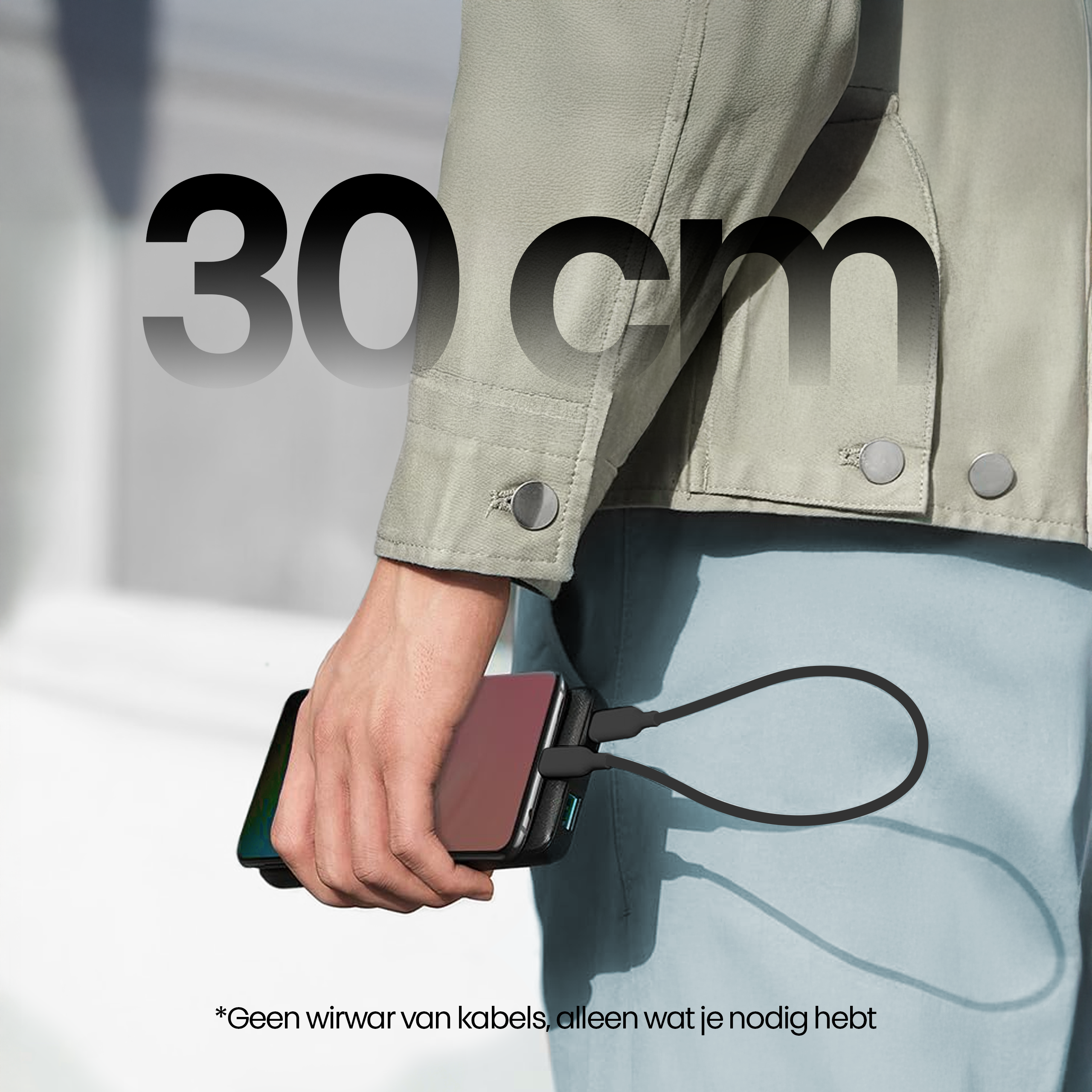 Person holding phone with charging cables. Text reads '30 cm'. Jacket and pants are visible. Text at the bottom.