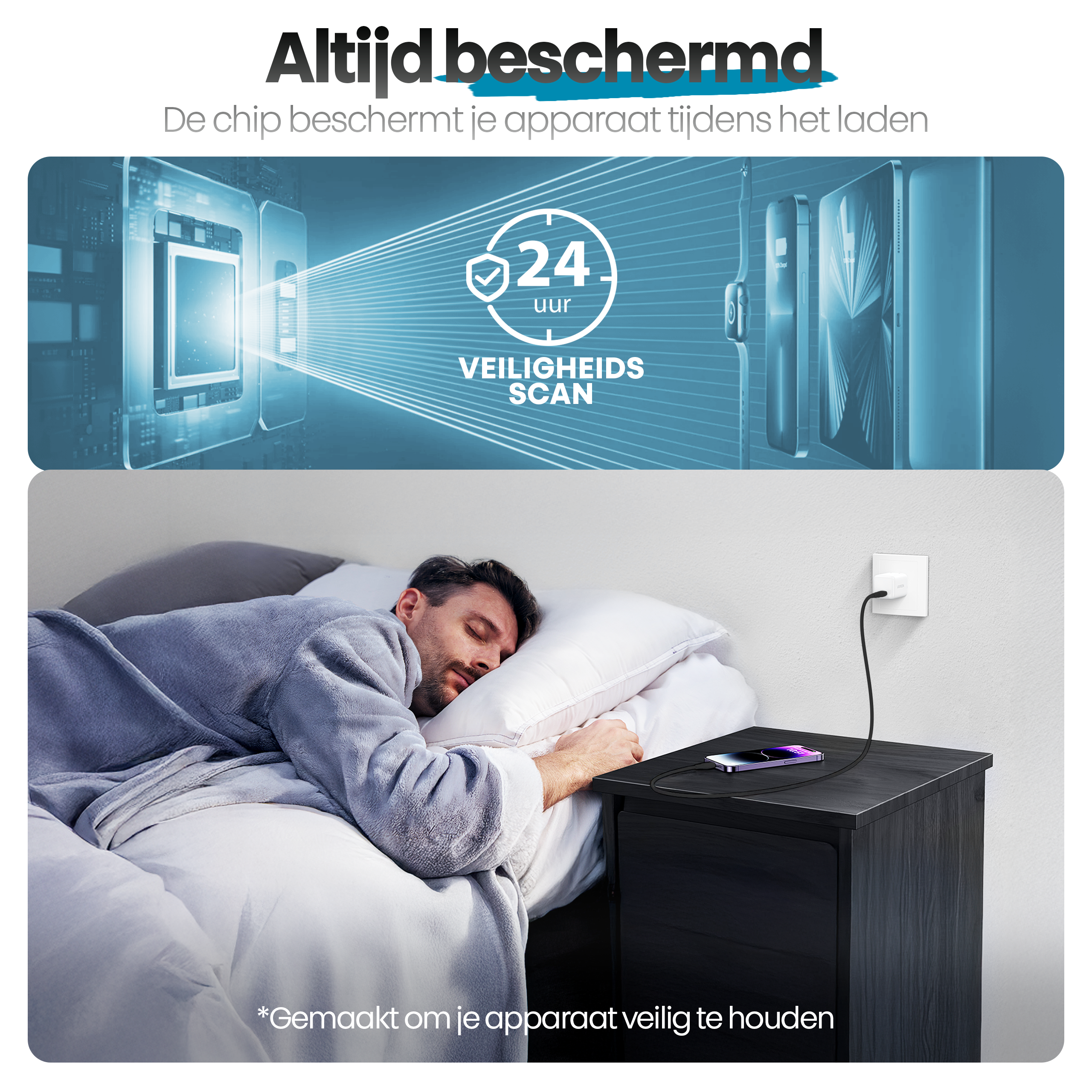 Een man slaapt naast een nachtkastje met een oplaadtelefoon. Een beveiligingsscangrafiek staat hierboven.