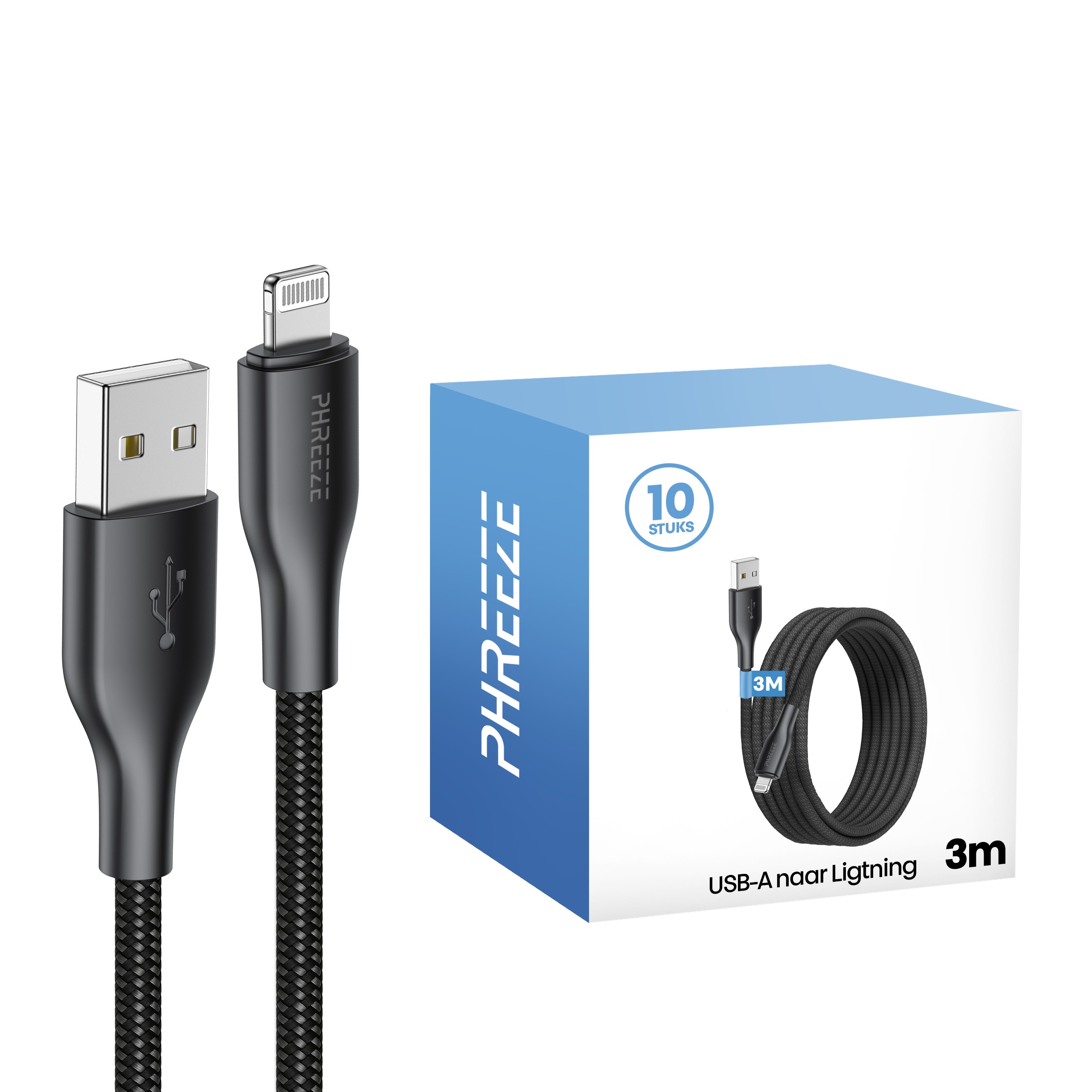Image shows a black USB-A to Lightning cable, and a box of 10 cables. The box is blue and white.