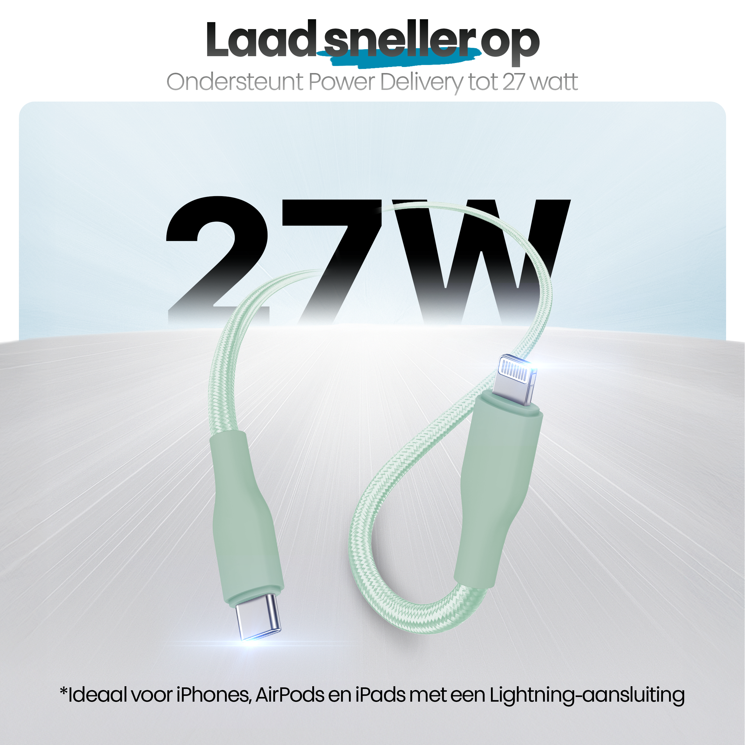 Afbeelding van een mintgroene kabel met Lightning- en USB-C-aansluiting, tekst '27W'. Ideaal voor iPhones.