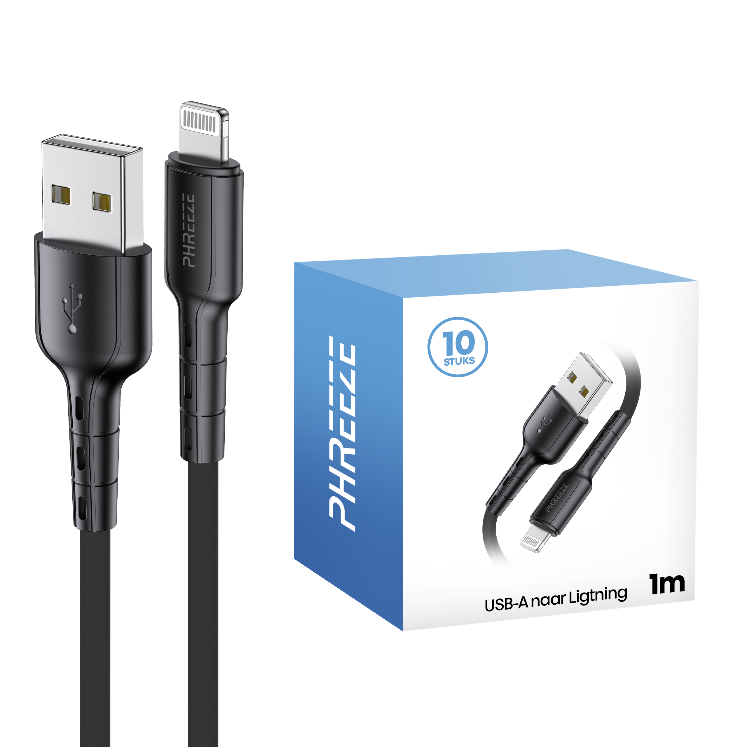 Two black USB-A to Lightning cables. A blue box with a cable image and text: USB-A naar Lightning, 1m, PHREEEZE.