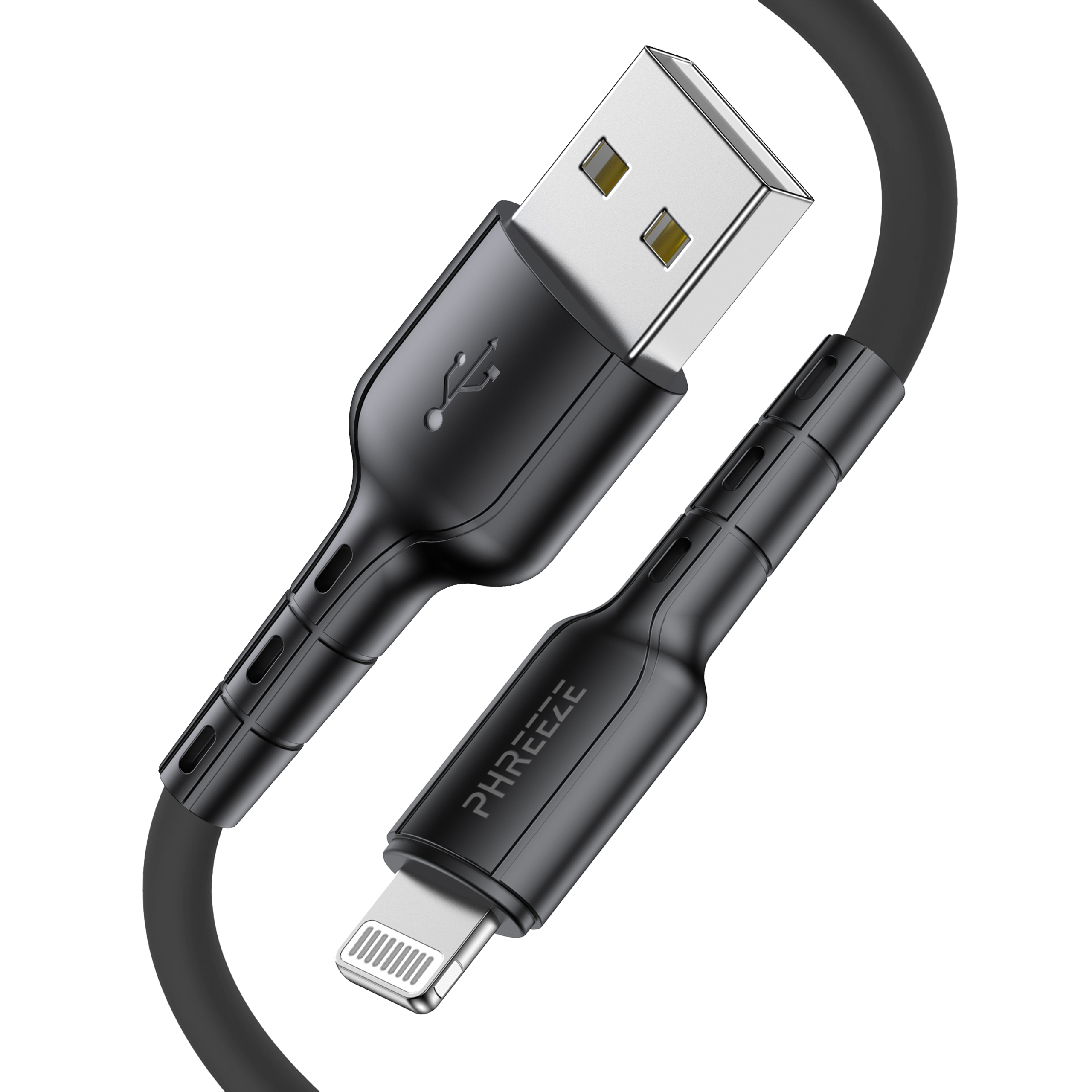 A black USB to Lightning cable. The USB connector is silver, and the Lightning connector is black.