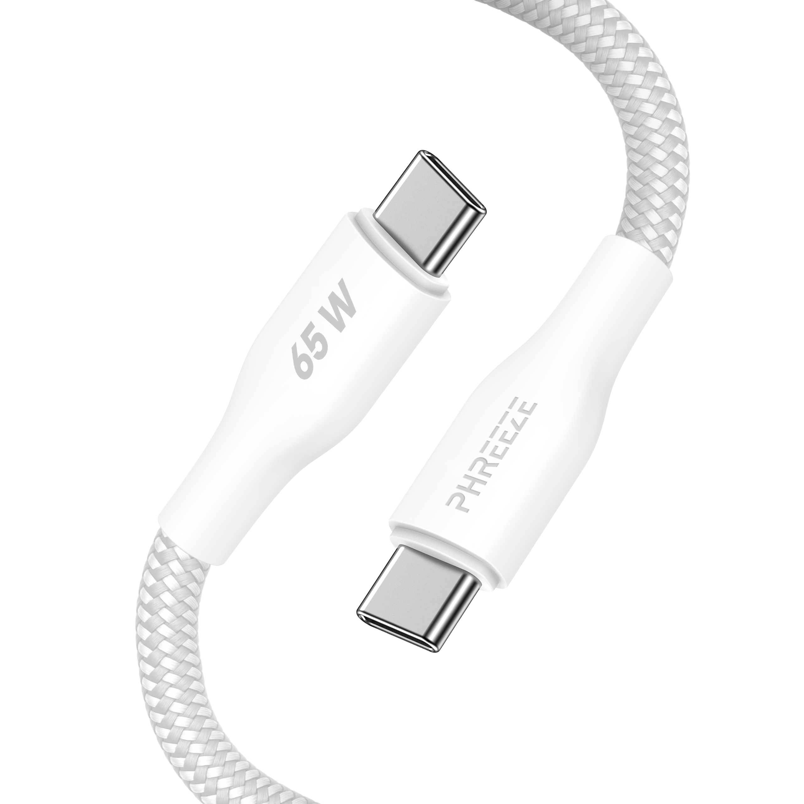 Witte USB-C-kabel met gevlochten ontwerp. Connectoren aan beide uiteinden. 65W afgedrukt.
