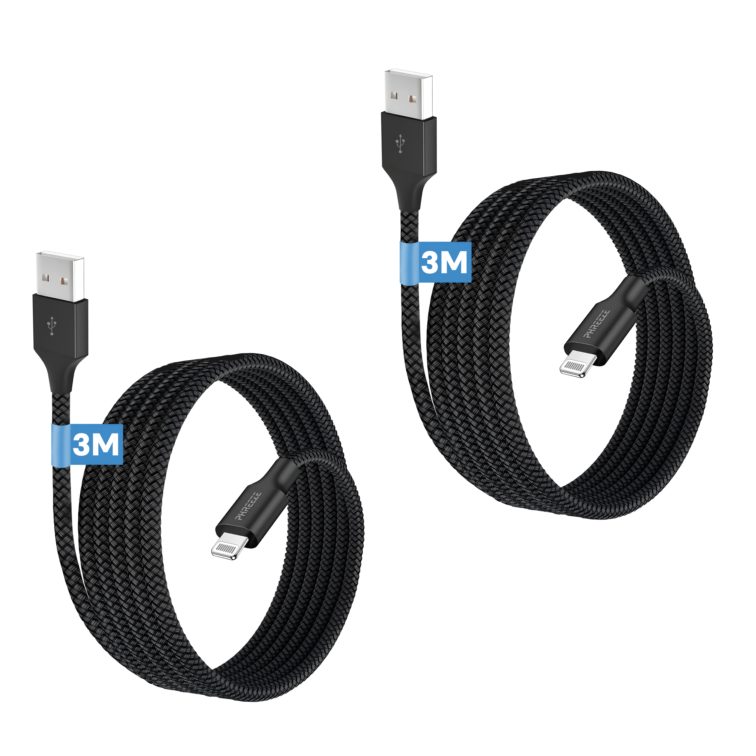 Two black USB cables with braided design. Each shows a USB-A and a lightning connector. Both cables are 3M long.