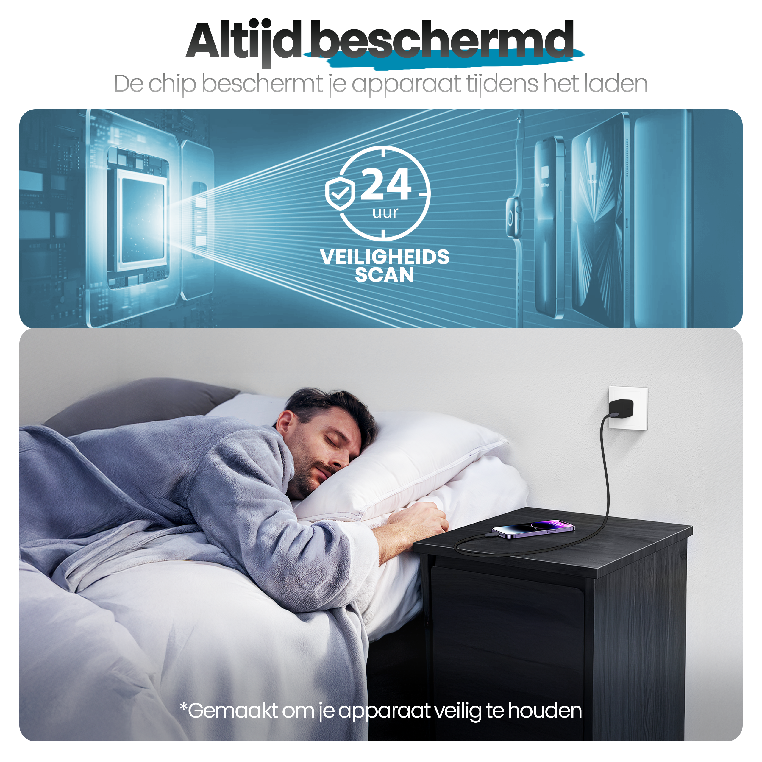 Afbeelding toont een slapende man, een telefoon die oplaadt op een nachtkastje en tekst over apparaatbeveiliging.