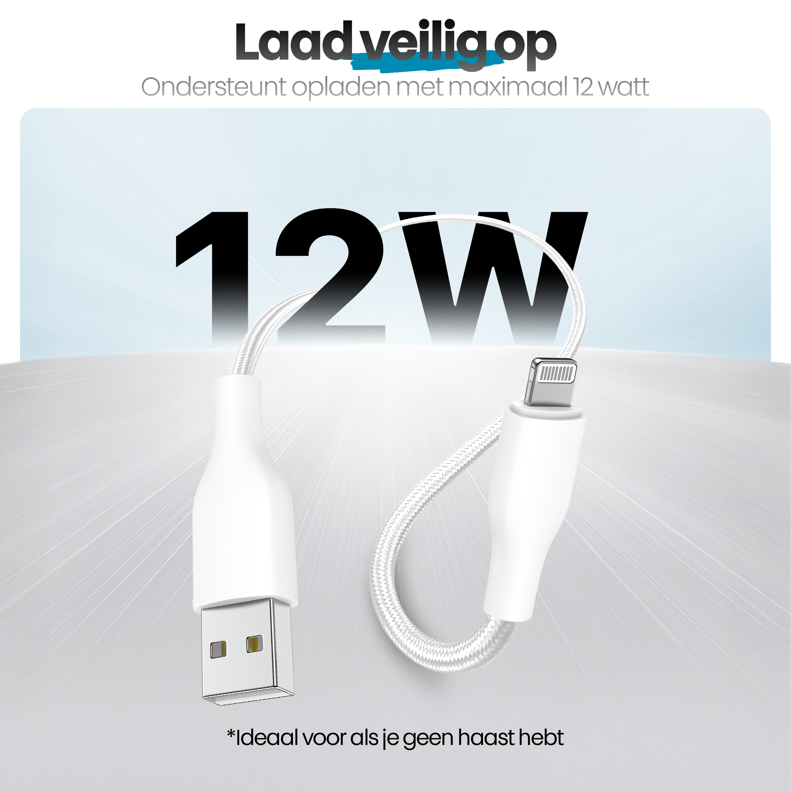Image shows a white charging cable with a USB and lightning connector. Text indicates 12W charging.