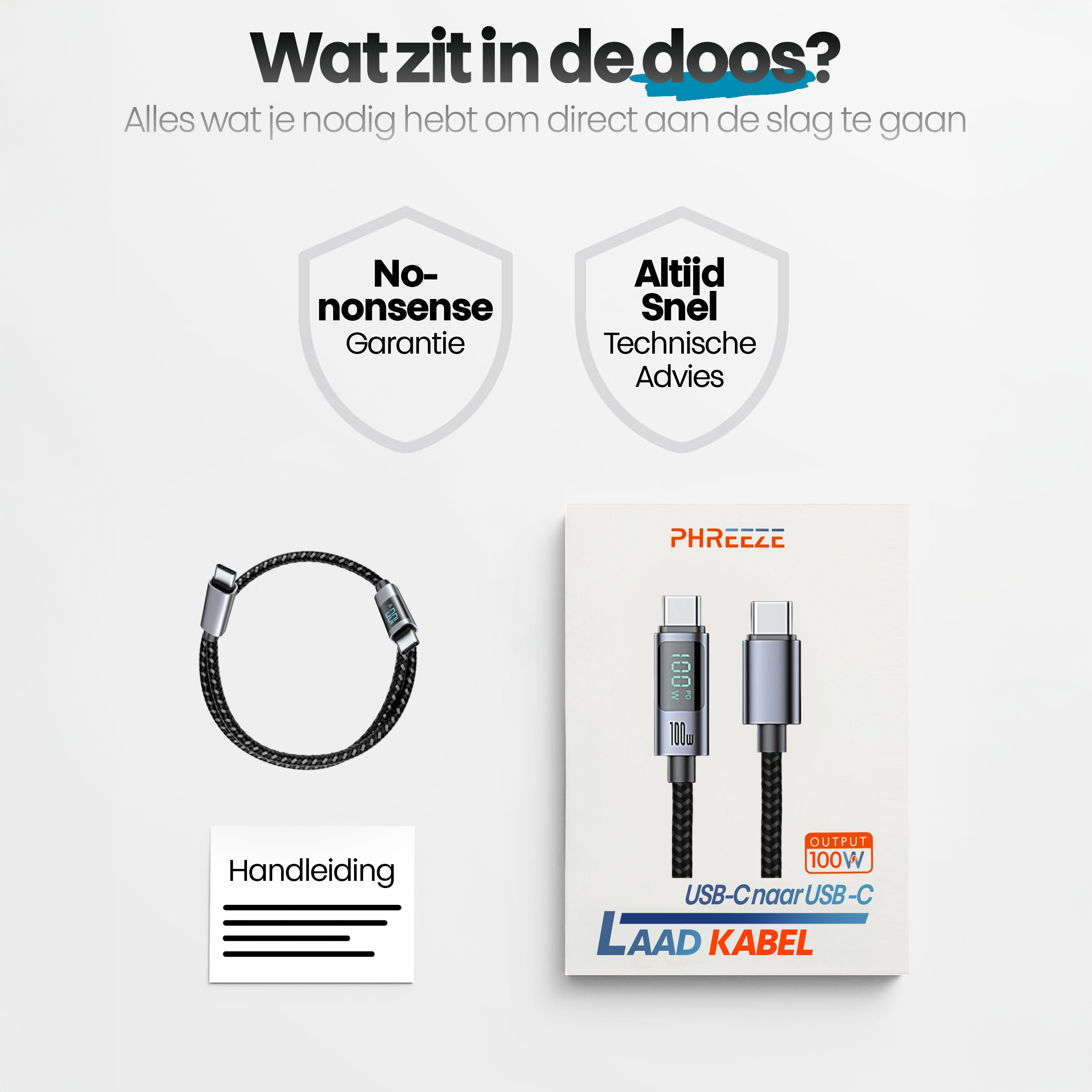 Afbeelding toont een USB-C-kabel, een doos met kabeldetails en tekst over het product. De achtergrond is wit.
