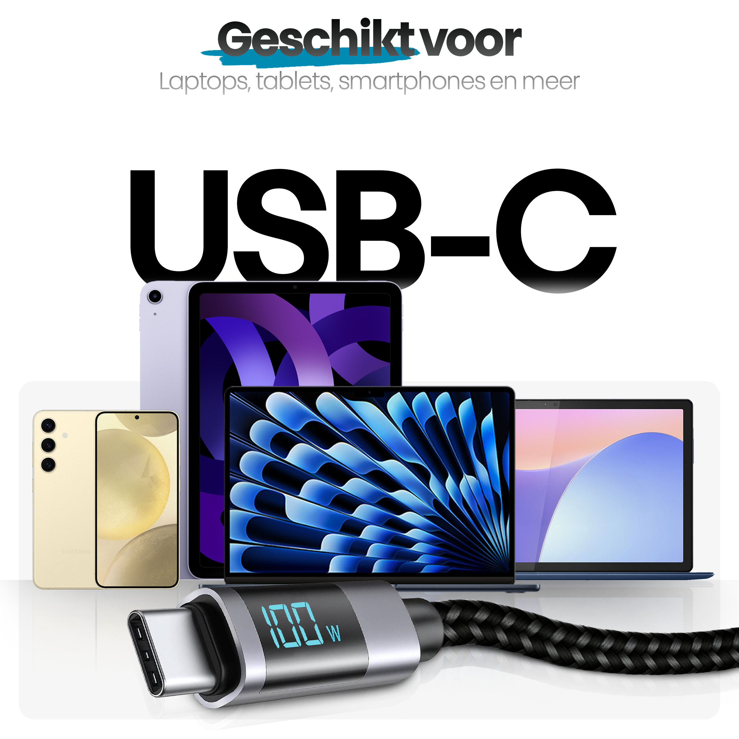 Afbeelding toont een USB-C-kabel met apparaten zoals tablets en smartphones. Tekst bovenaan zegt: 'Geschikt voor laptops...'