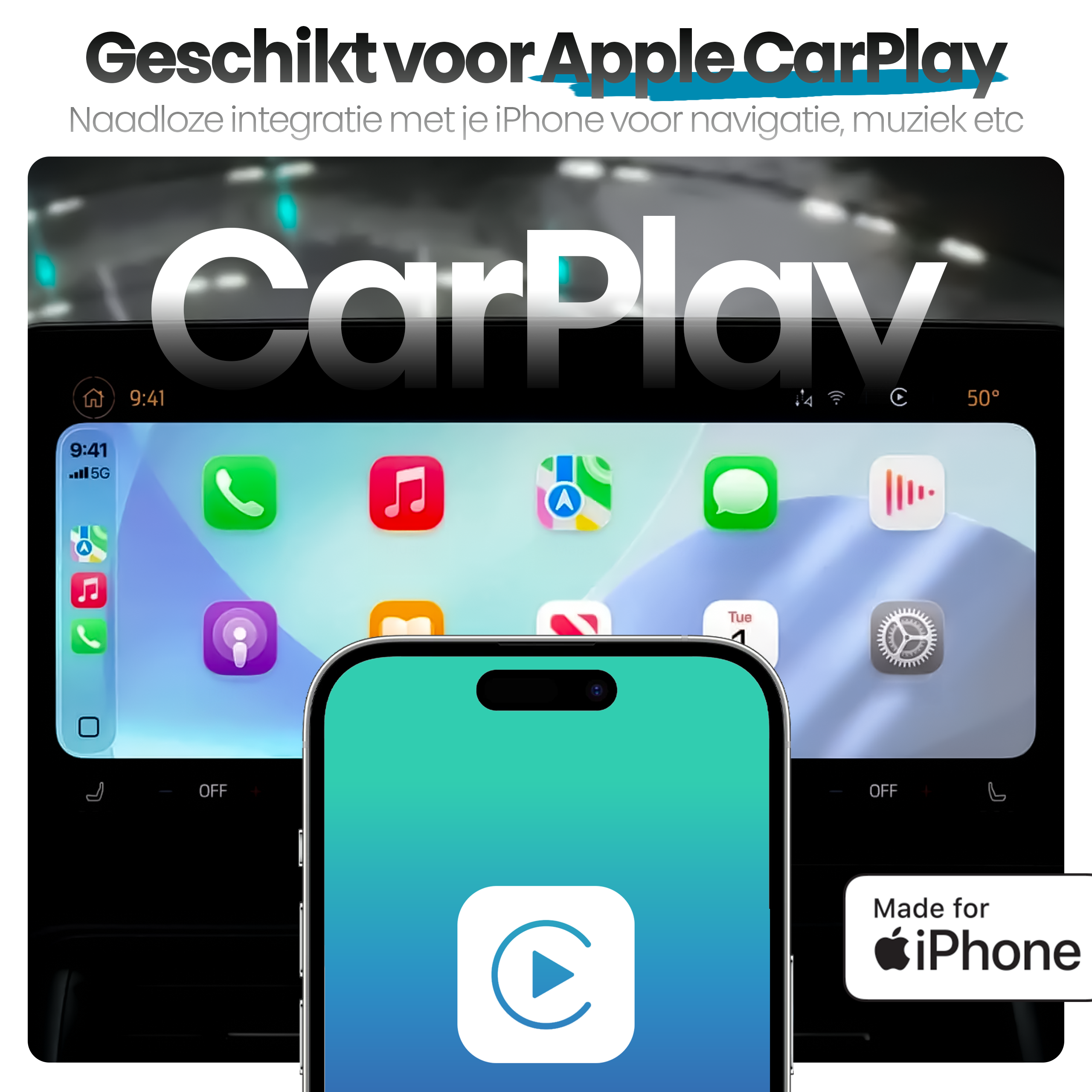 Afbeelding toont CarPlay-interface op een autoscherm, met een iPhone met een afspeelknop. Het scherm toont app-pictogrammen.