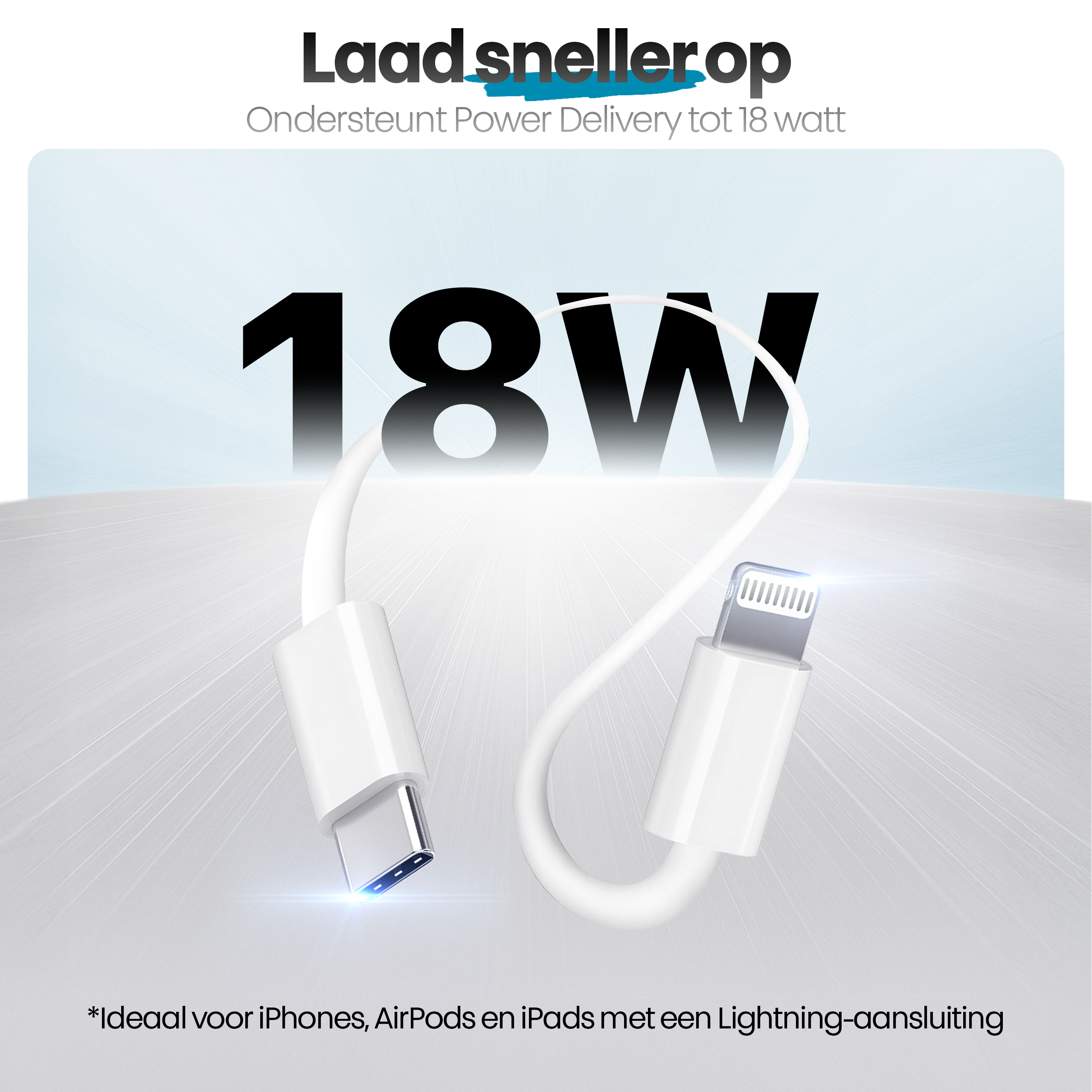 Witte oplaadkabel met USB-C- en Lightning-connectoren. Tekst: '18W' en 'Ideaal voor iPhones, AirPods en iPads'.