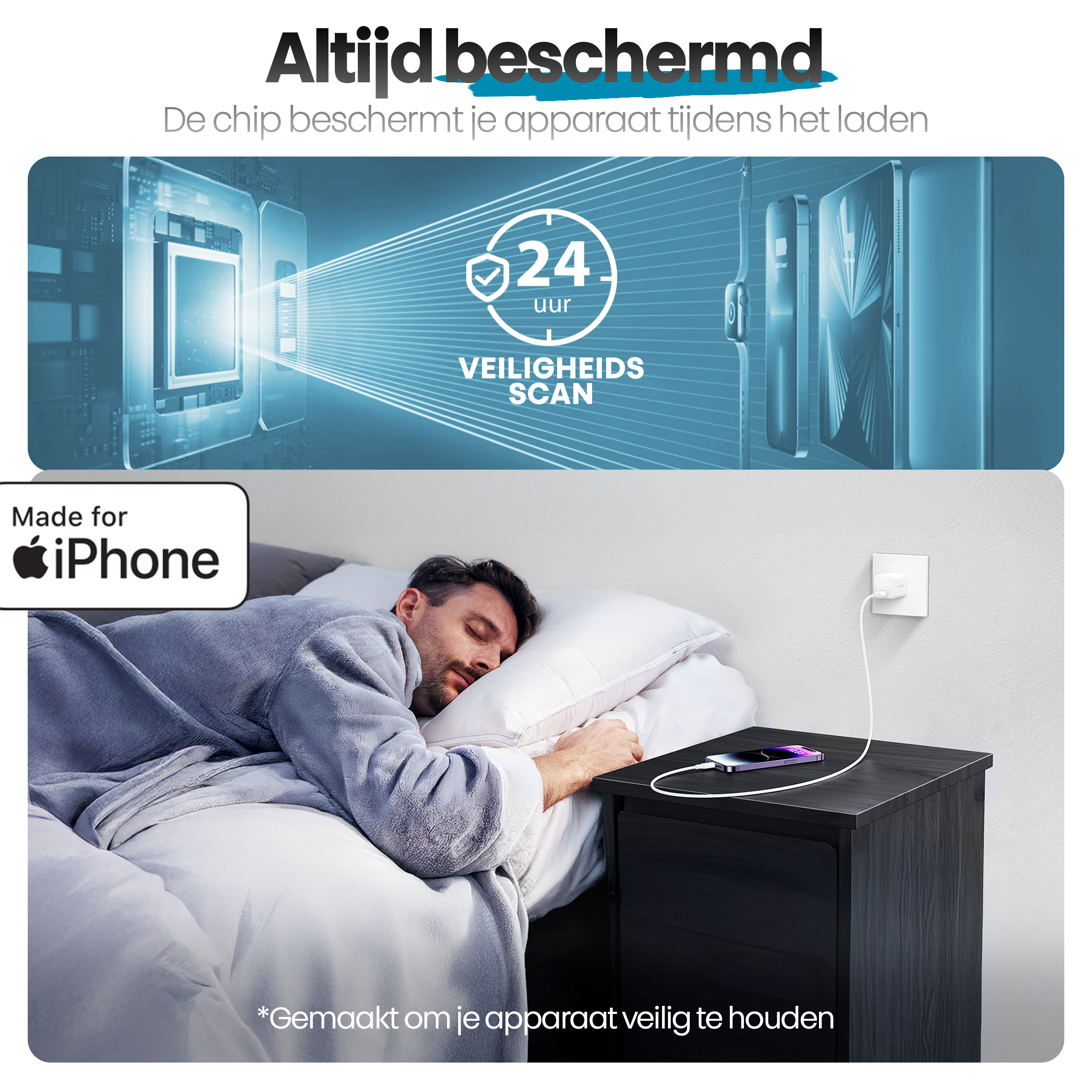Een man slaapt naast een nachtkastje met een telefoon die wordt opgeladen. Bovenstaande afbeeldingen tonen een chip en apparaten met een veiligheidsscan.