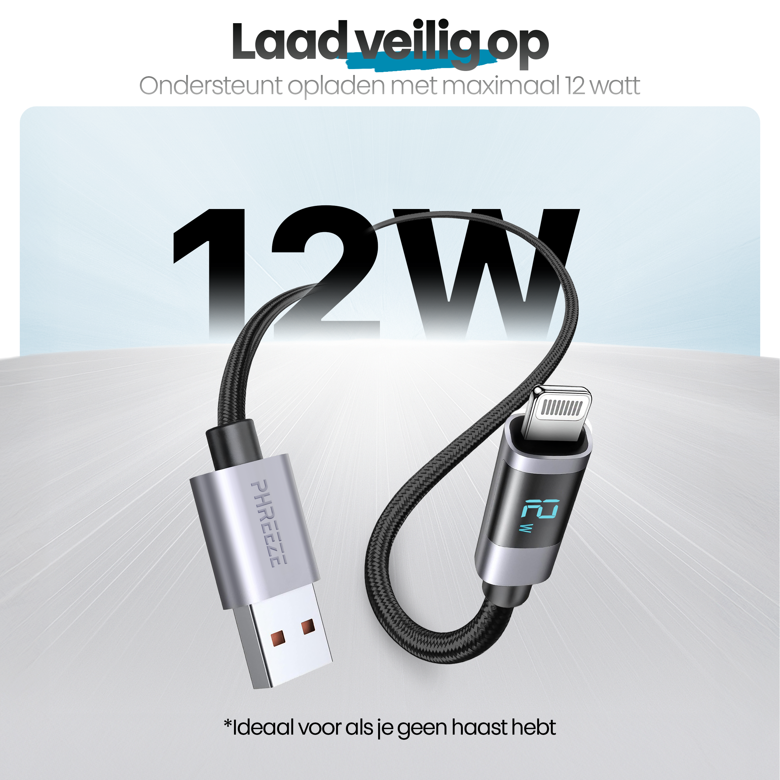 A black and silver charging cable with the text 12W. The text is in Dutch.