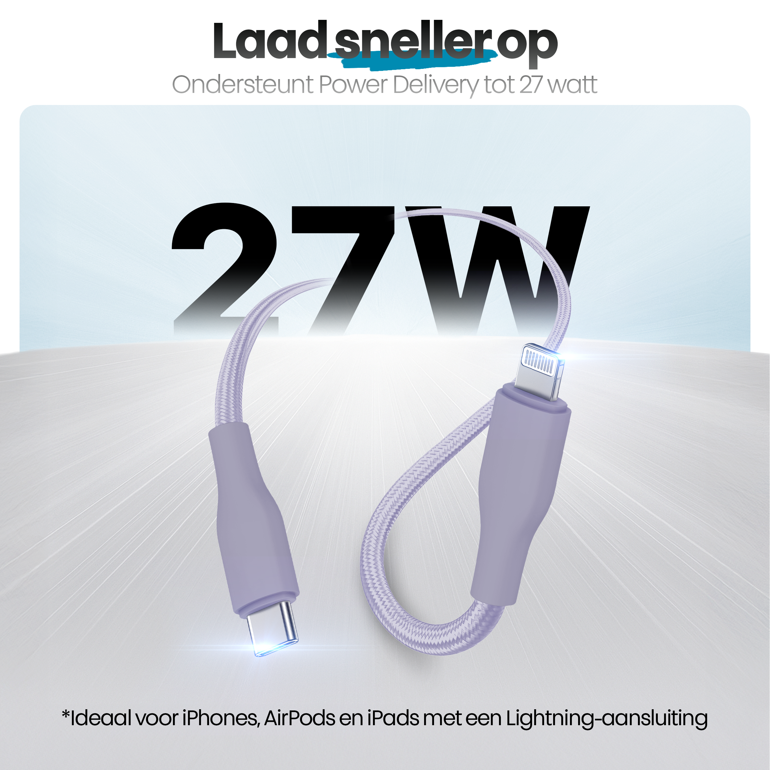 Afbeelding toont een paarse oplaadkabel met 27W tekst, ideaal voor iPhones, AirPods en iPads.