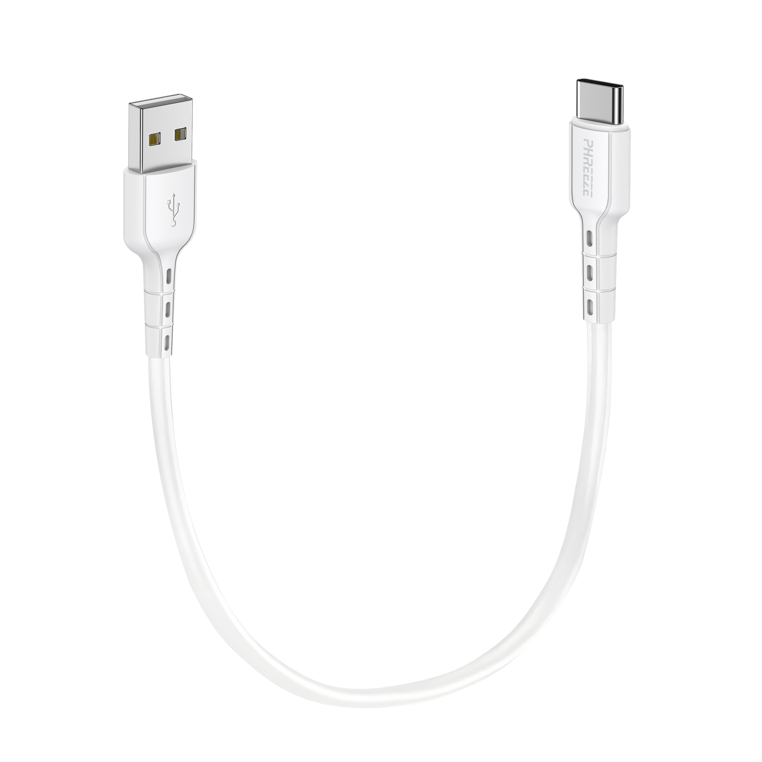 Witte USB-C-kabel met een USB-A-connector aan één kant en een USB-C-connector aan de andere kant. De achtergrond is wit.