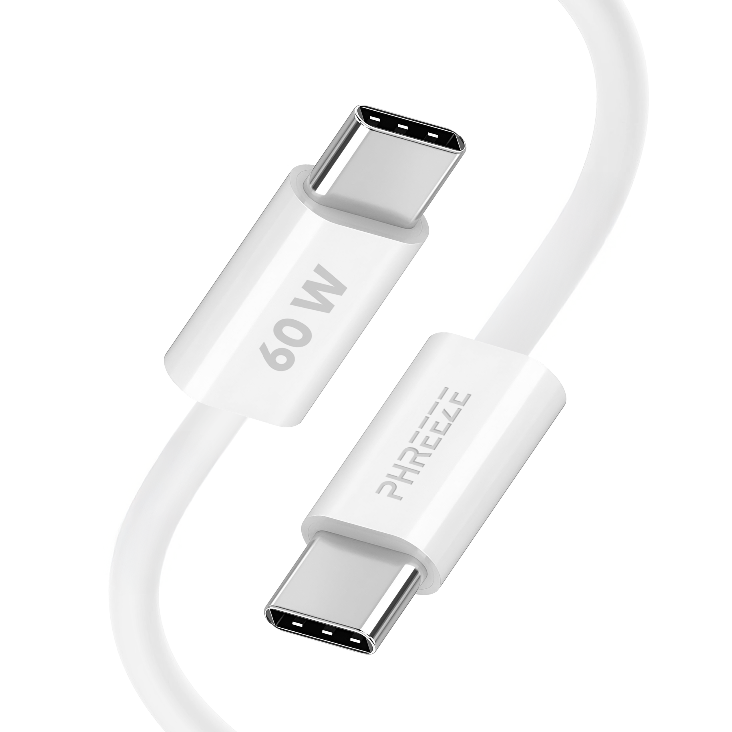 Een witte USB-C-oplaadkabel met twee connectoren. Eén connector heeft '60W' en de andere 'PHREEZE'.