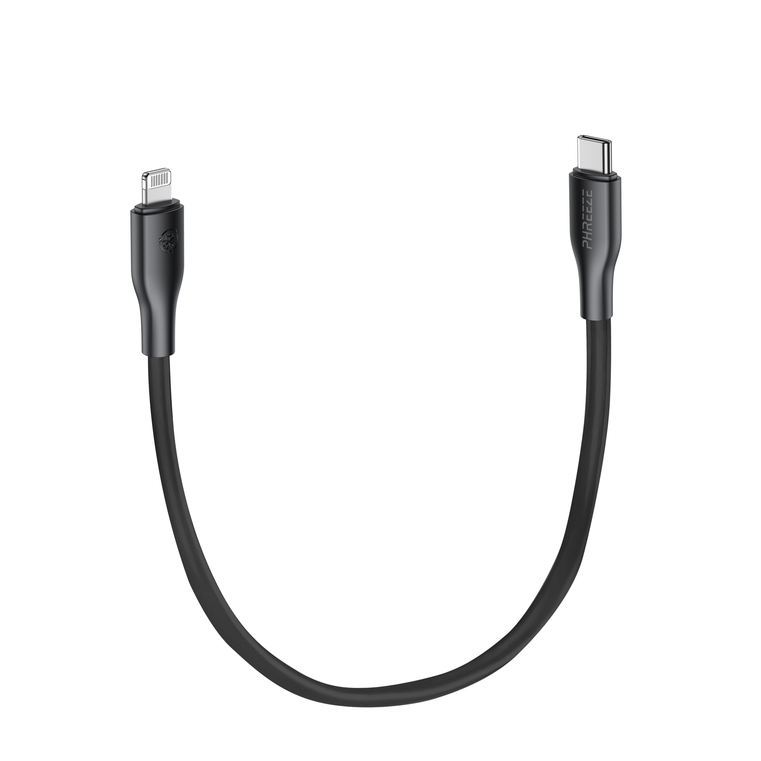 Zwarte oplaadkabel met Lightning-connector aan één kant en USB-C aan de andere kant, gebogen vorm, witte achtergrond.