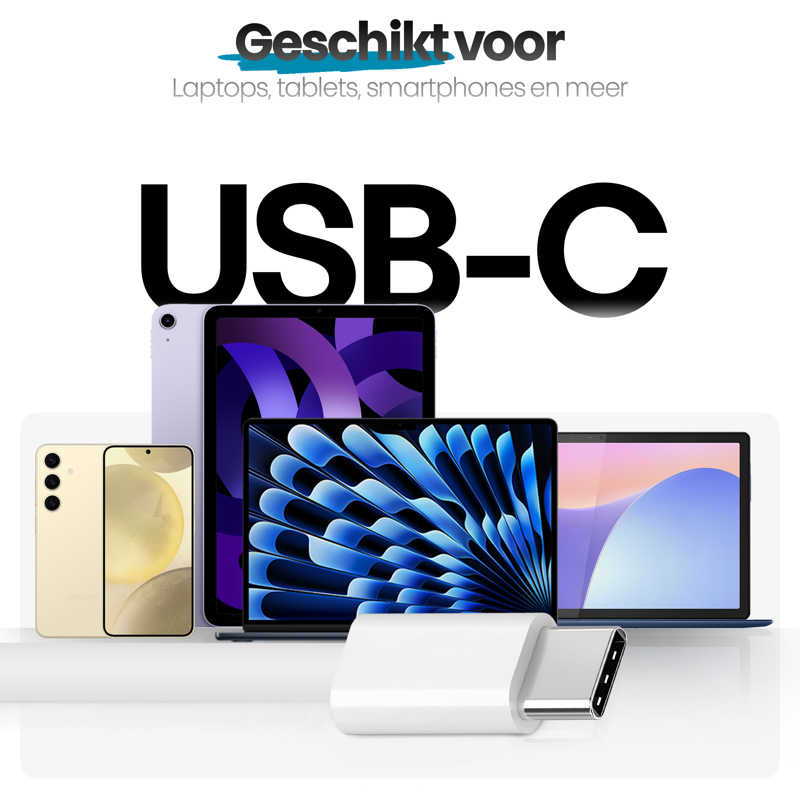 Afbeelding toont USB-C apparaten: tablets, telefoons en een oplader. Grote tekst zegt USB-C. Witte achtergrond.