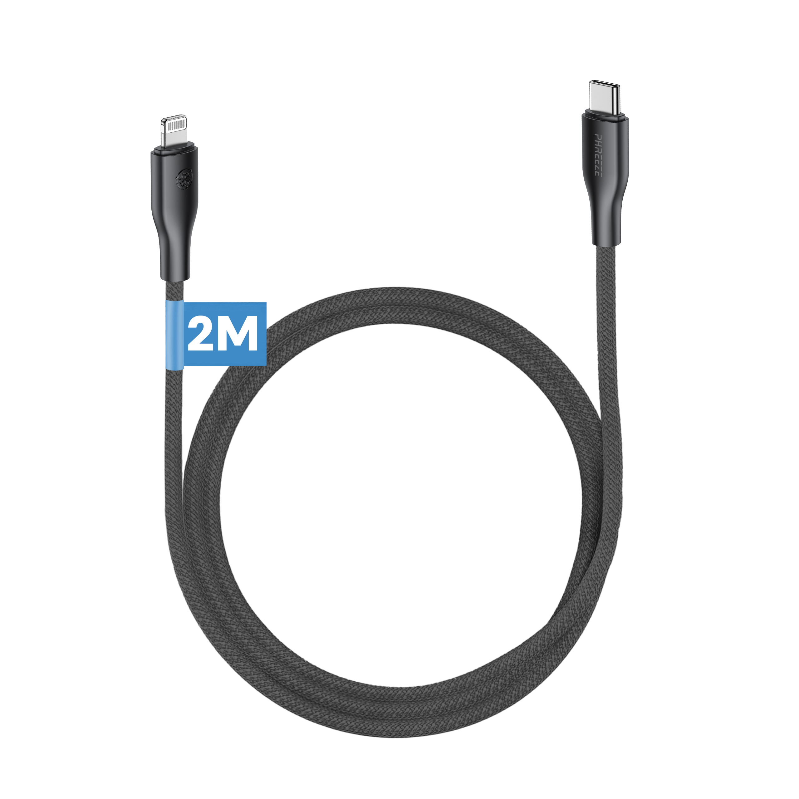 Een donkergrijze USB-kabel met een Lightning-connector aan één kant en USB-C aan de andere kant. Een blauw label zegt 2M.