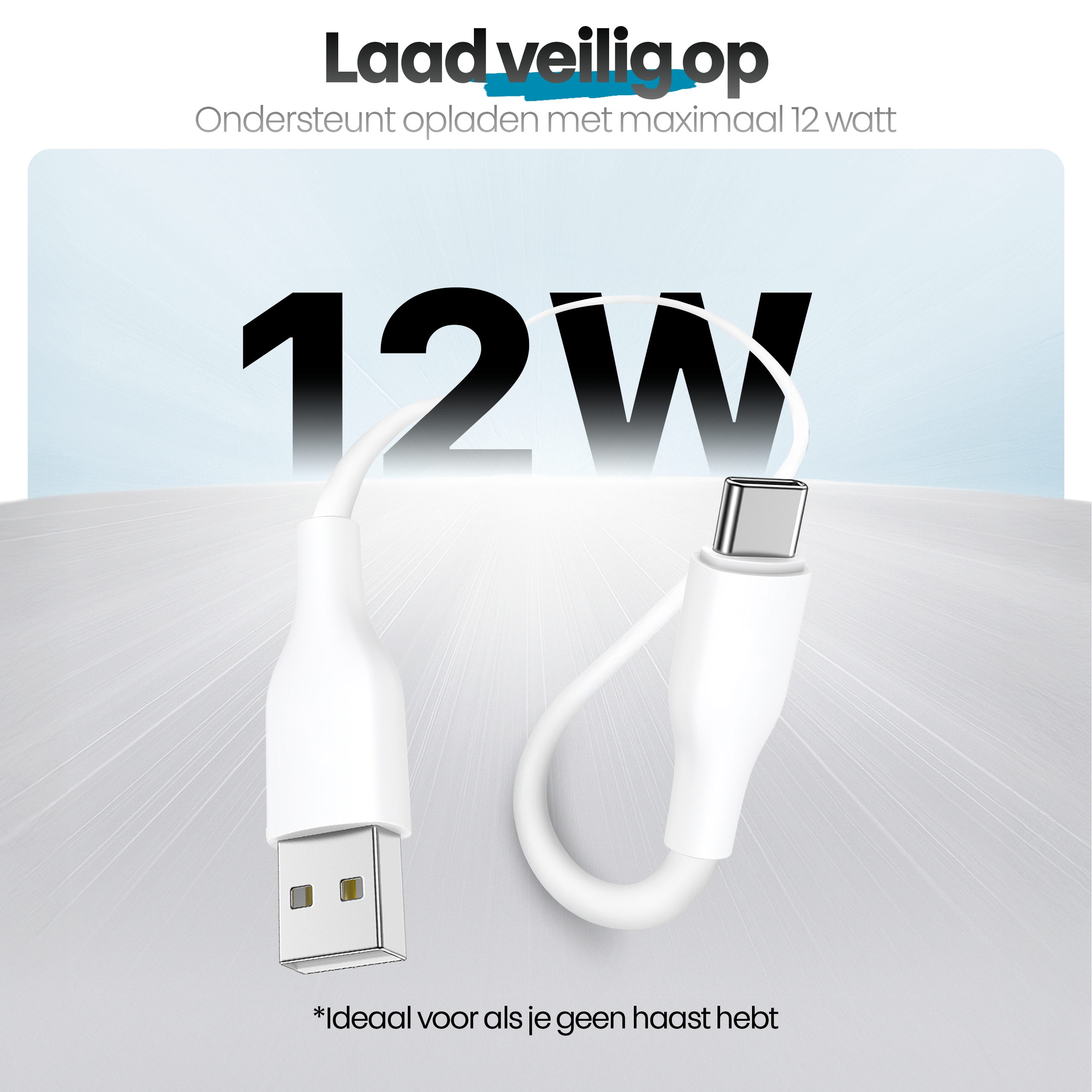 Een witte USB-oplaadkabel met USB-A- en USB-C-connector. Tekst: '12W' en 'veilig opladen'.