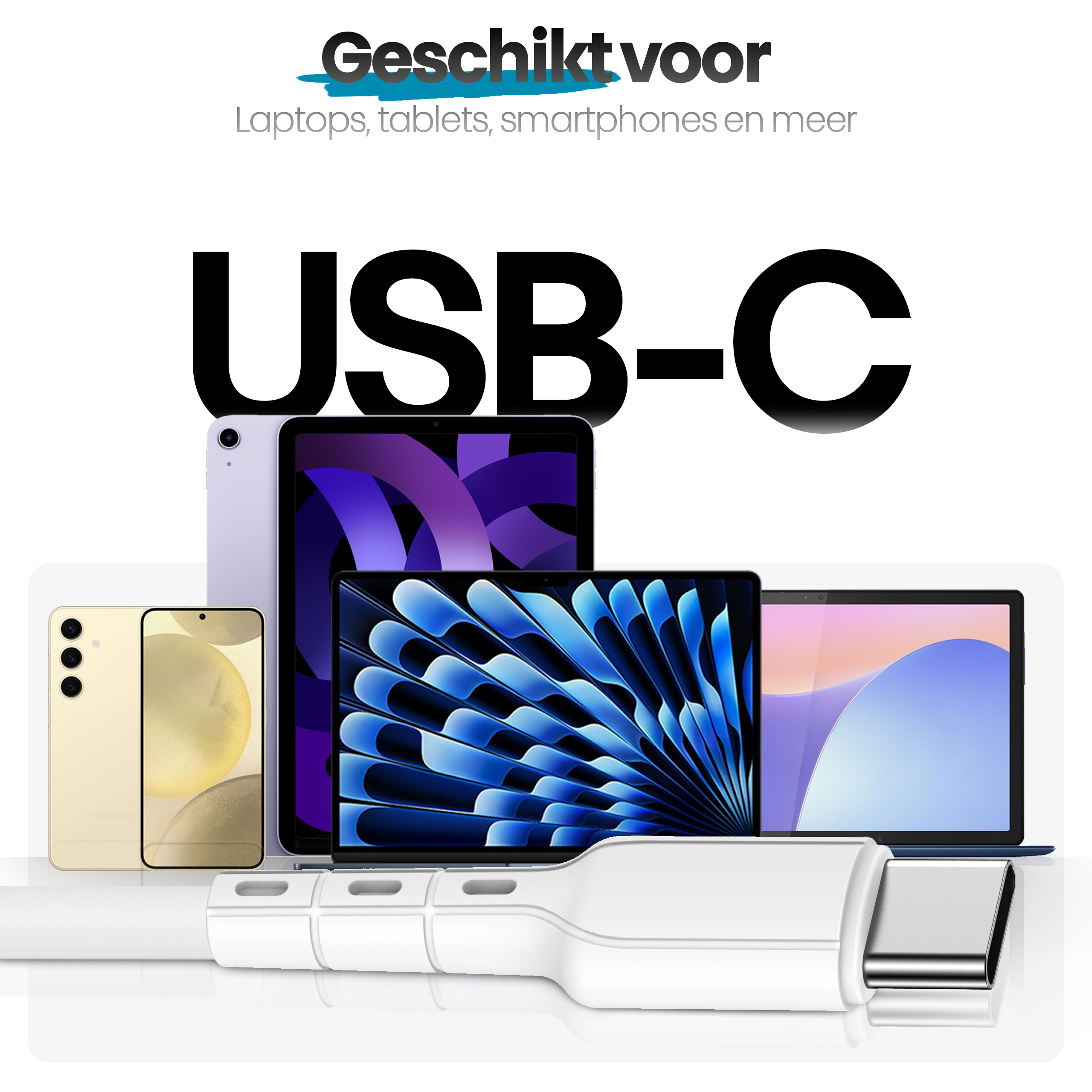 Afbeelding toont laptops, tablets en smartphones, met een USB-C-kabel op de voorgrond. De tekst 'USB-C' is prominent.